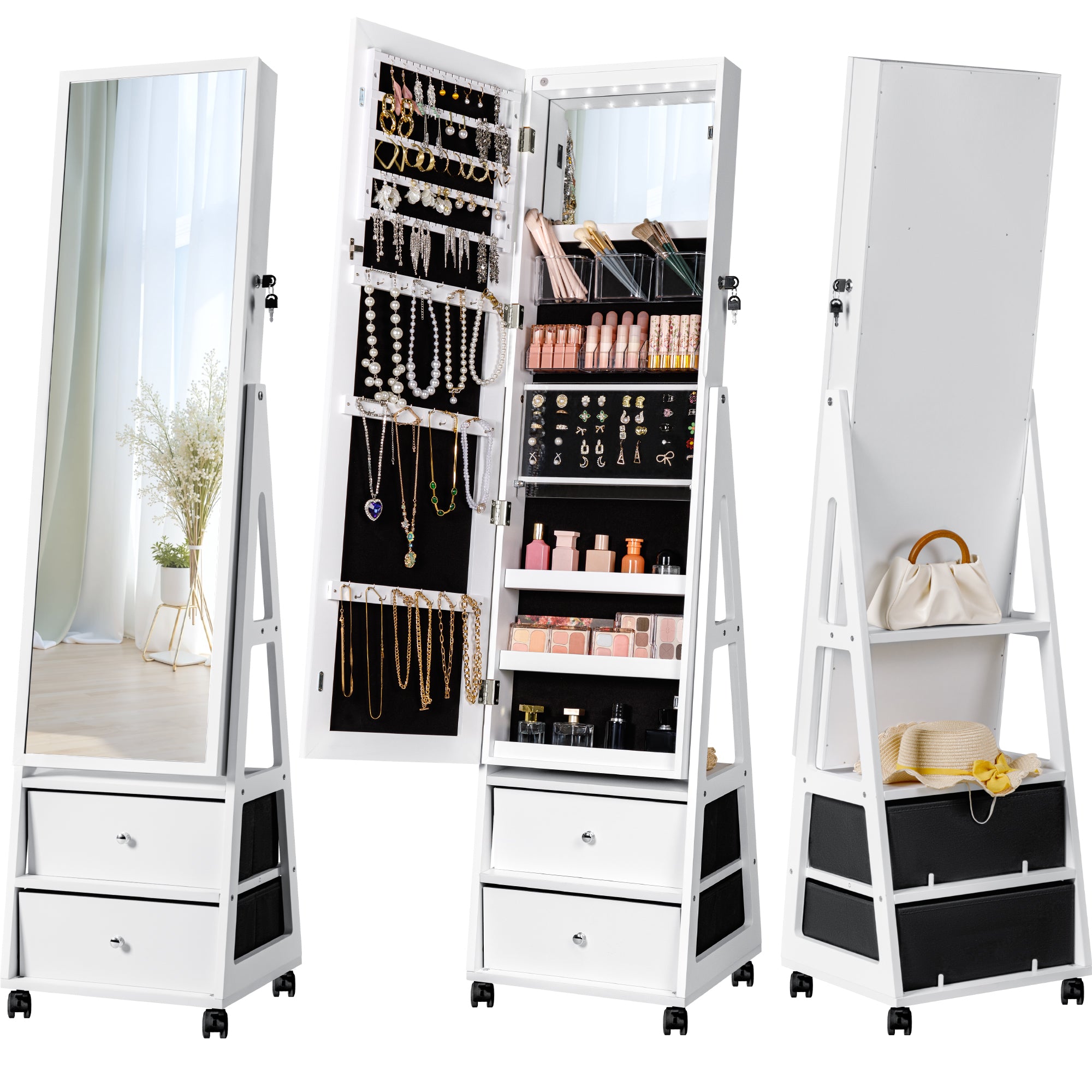 homall-schmuckschrank-mit-led-spiegel-spiegelschrank-wei-mit-rollen image 1