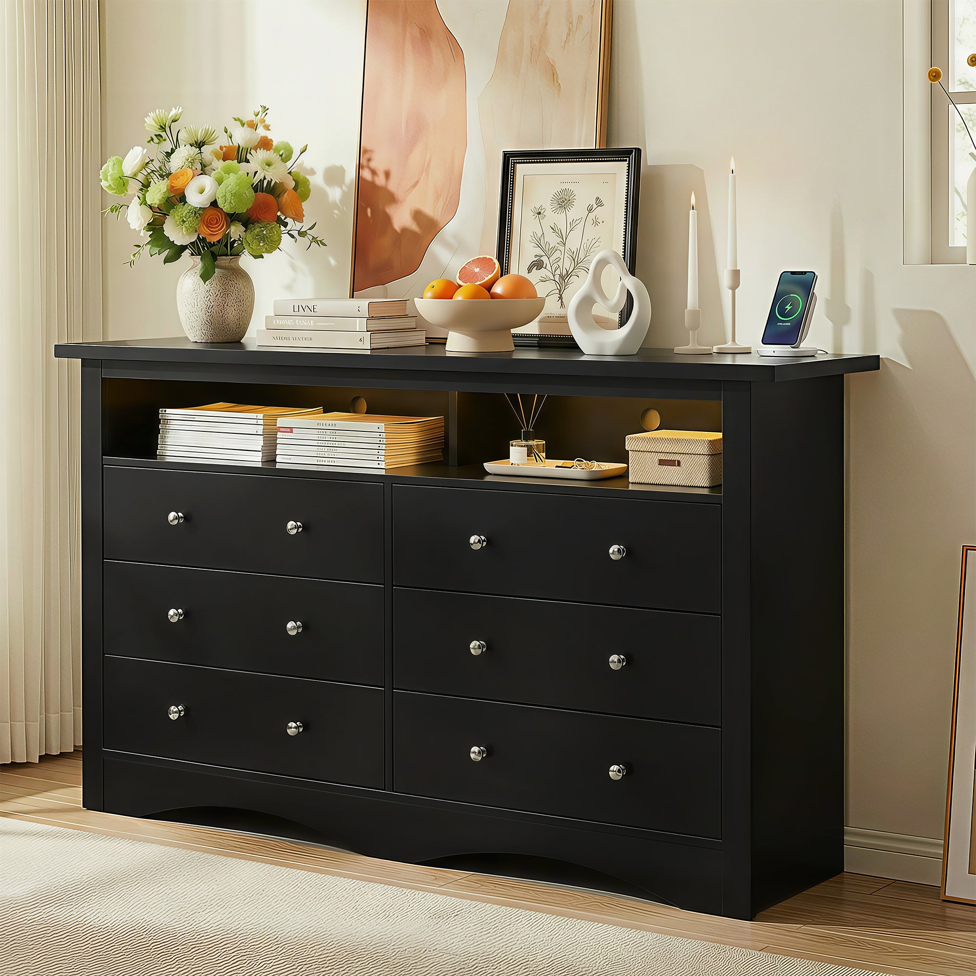 homall-bedroom-6-schubladen-kommode-wei-mit-led-und-ladestation image 2