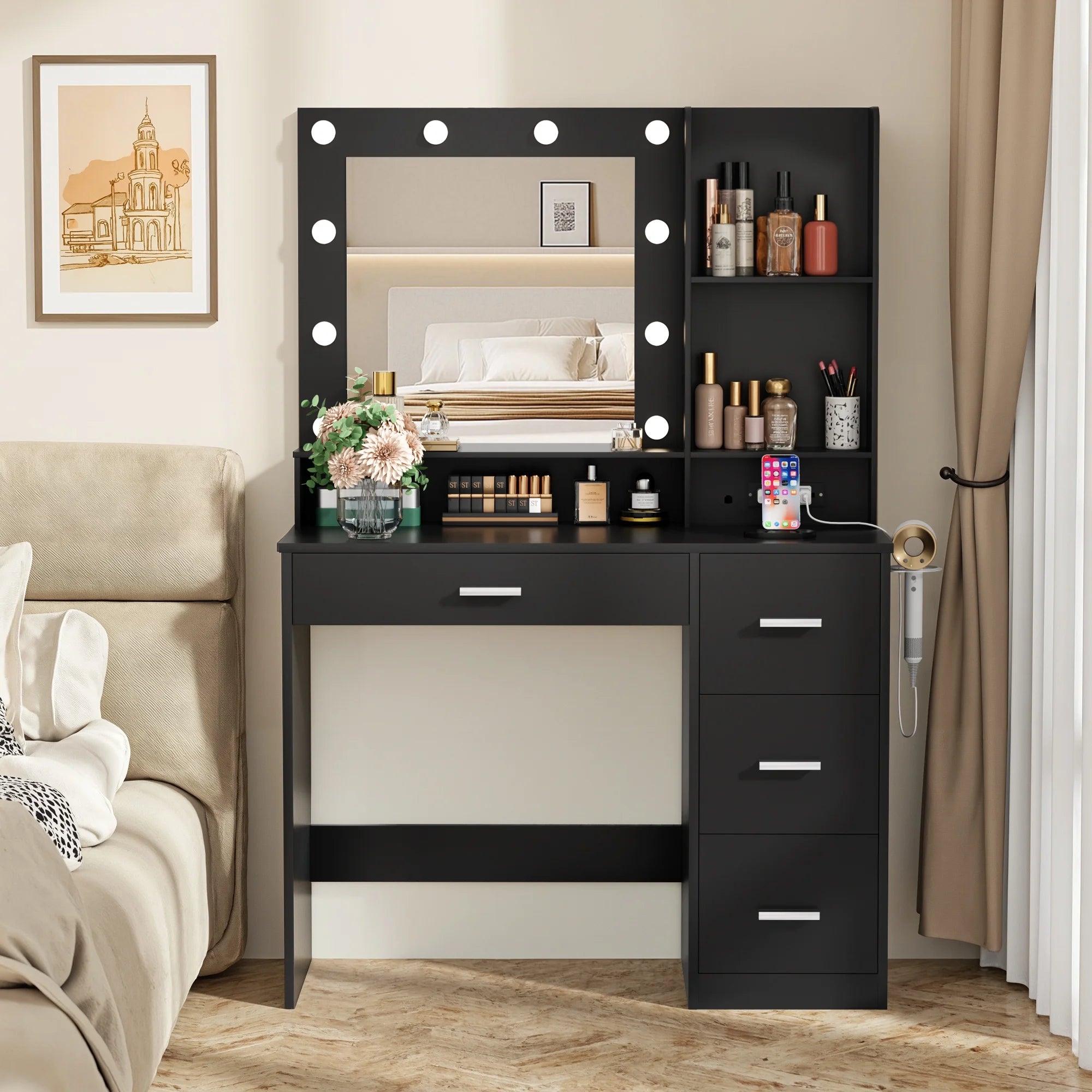 homall-bedroom-schminktisch-wei-led-spiegel-4-schubladen image 1