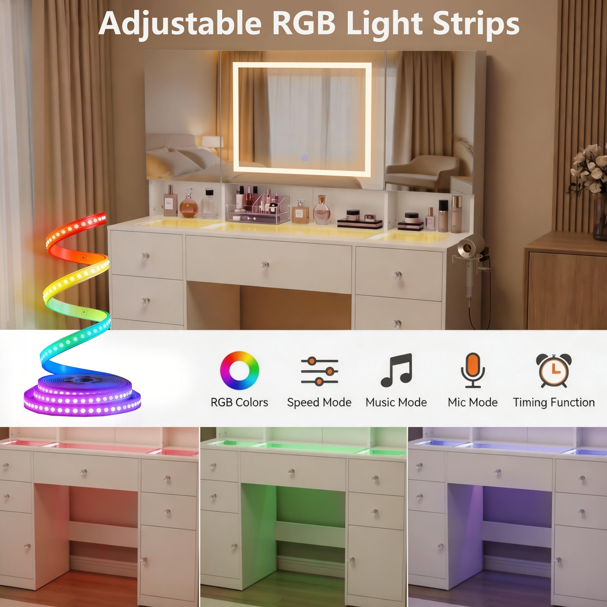 homall-bedroom-schminktisch-mit-led-spiegel-schwarz-glasplatte image 8