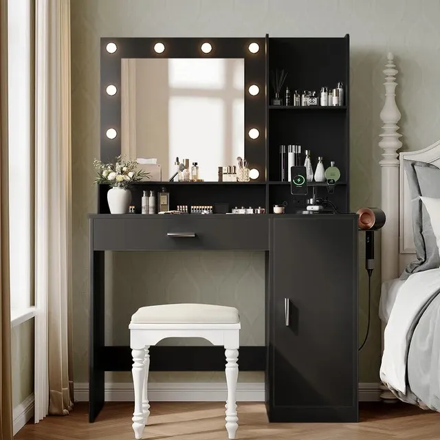 homall-bedroom-schminktisch-wei-mit-licht-spiegel-schrank image 1