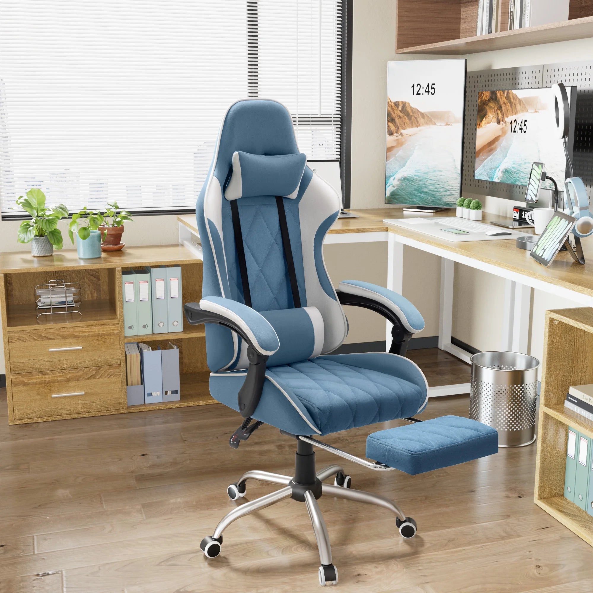 homall-gaming-chair-gaming-stuhl-stoff-gr-n-mit-fu-st-tze-2 image 1