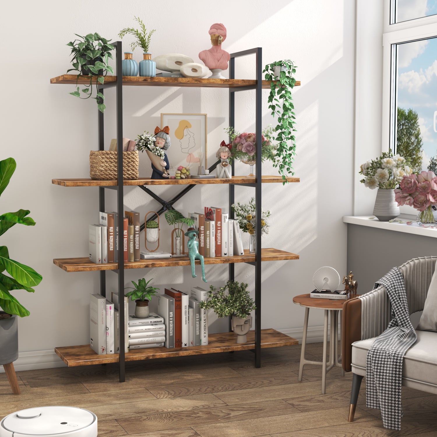 homall-bookcase-b-cherregal-4-f-cher-vintage-holz image 6