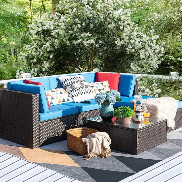 homall-patio-furniture-lounge-set-5-tlg-gartenm-bel-blau-rattan image 1