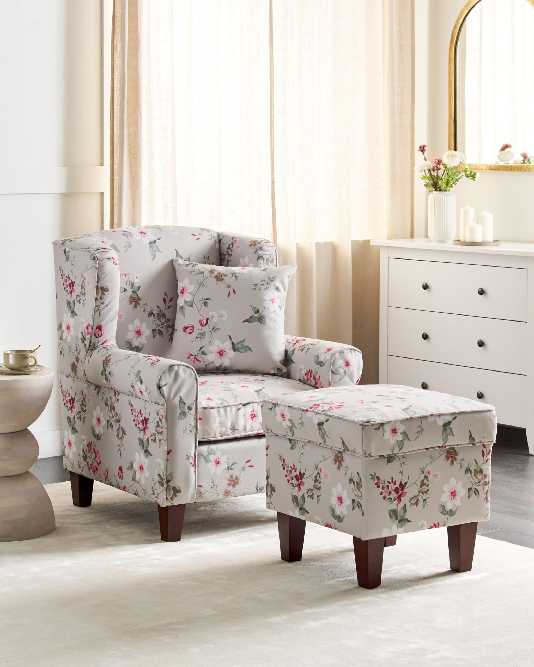 beliani-hamar-sessel-mit-hocker-hellgrau-blumenmuster-stoff image 2