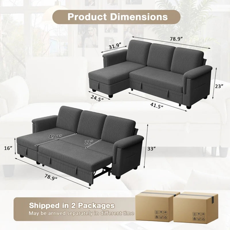 homall-sofa-ecksofa-schlafsofa-cord-beige-mit-bettfunktion image 2