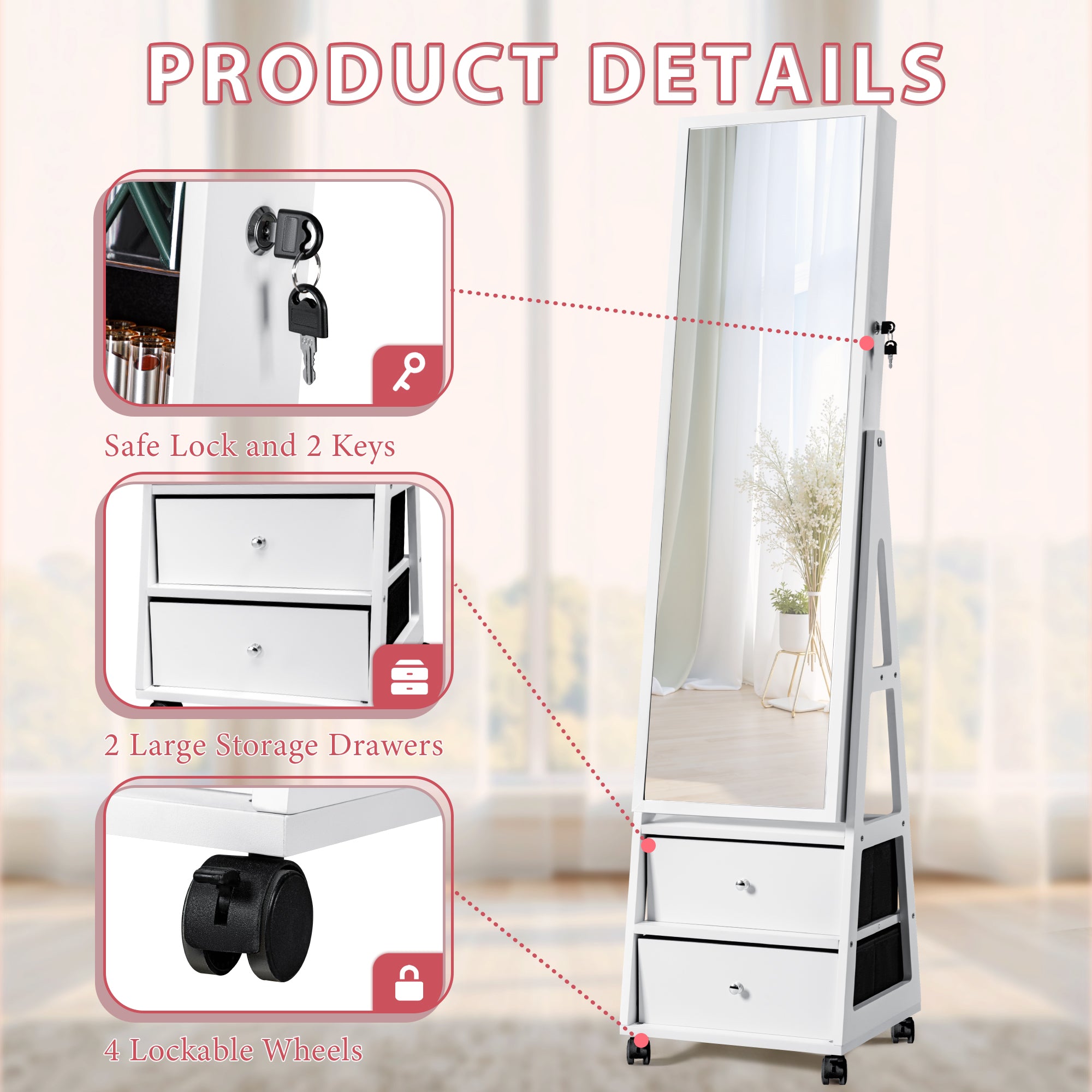 homall-schmuckschrank-mit-led-spiegel-spiegelschrank-wei-mit-rollen image 2