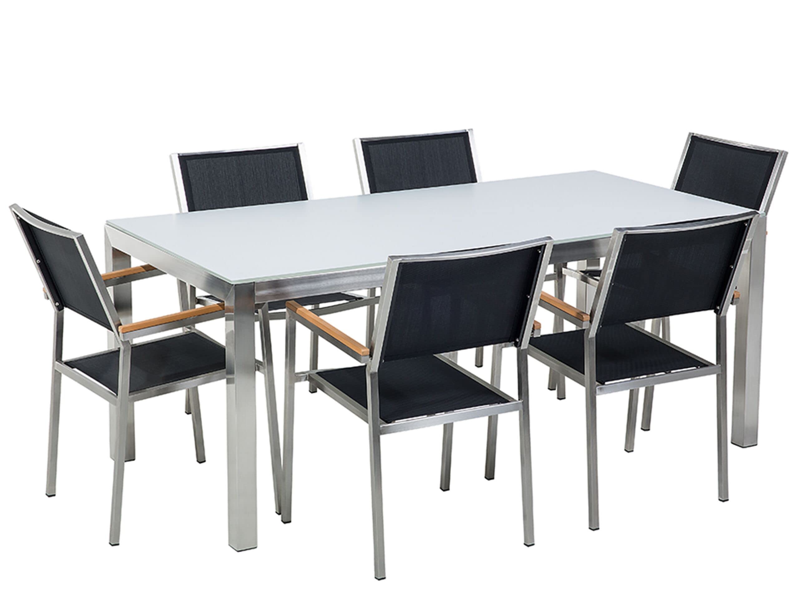 beliani-grosseto-gartenset-6-sitzer-wei-schwarz-180-cm-glas image 1