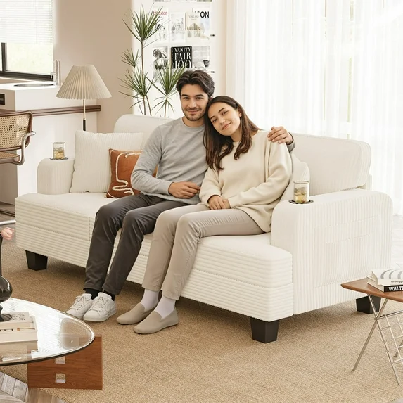 homall-sofa-cord-couch-gr-n-3-sitzer-mit-becherhalter image 2