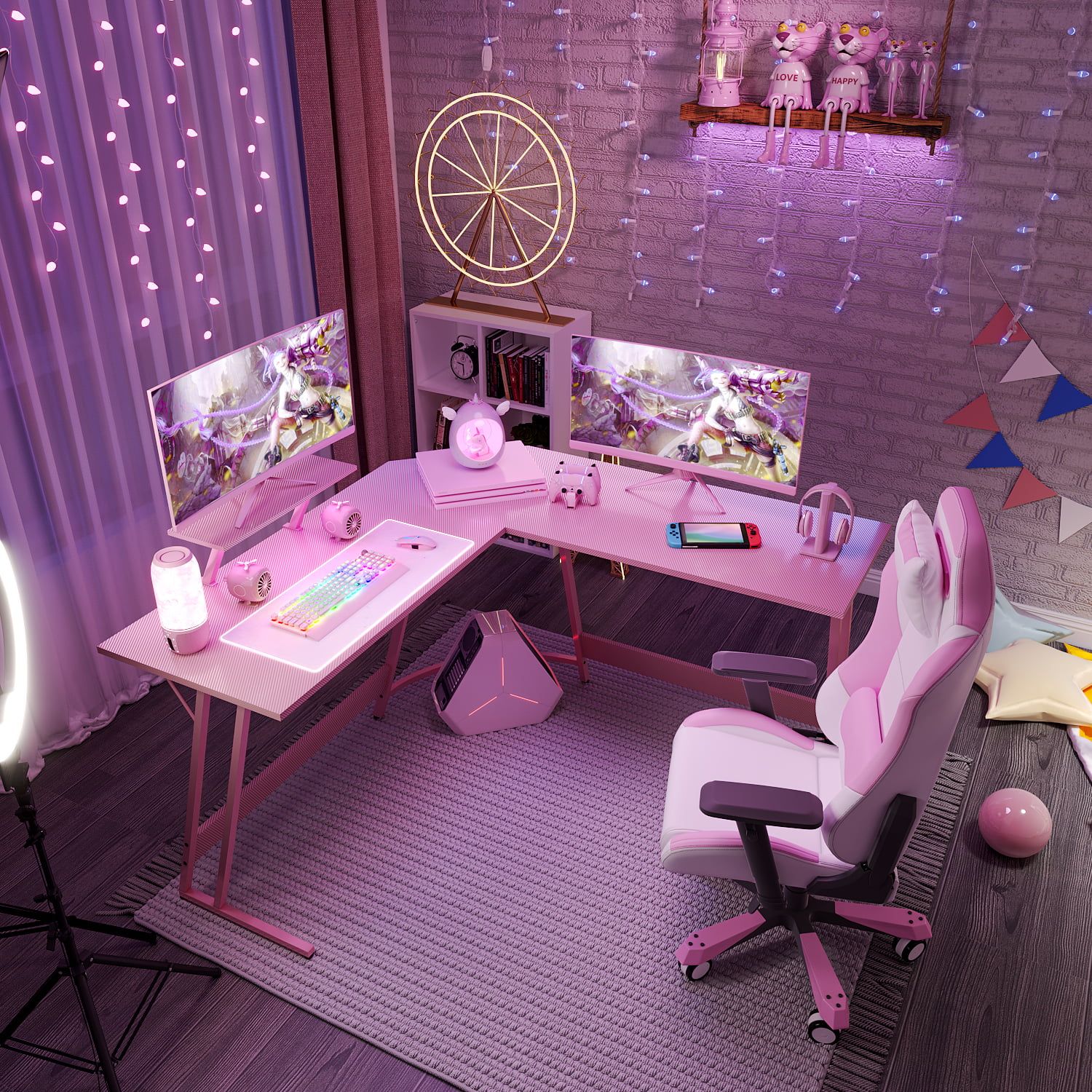 homall-gaming-desk-eckschreibtisch-rosa-51-zoll-mit-aufsatz image 7