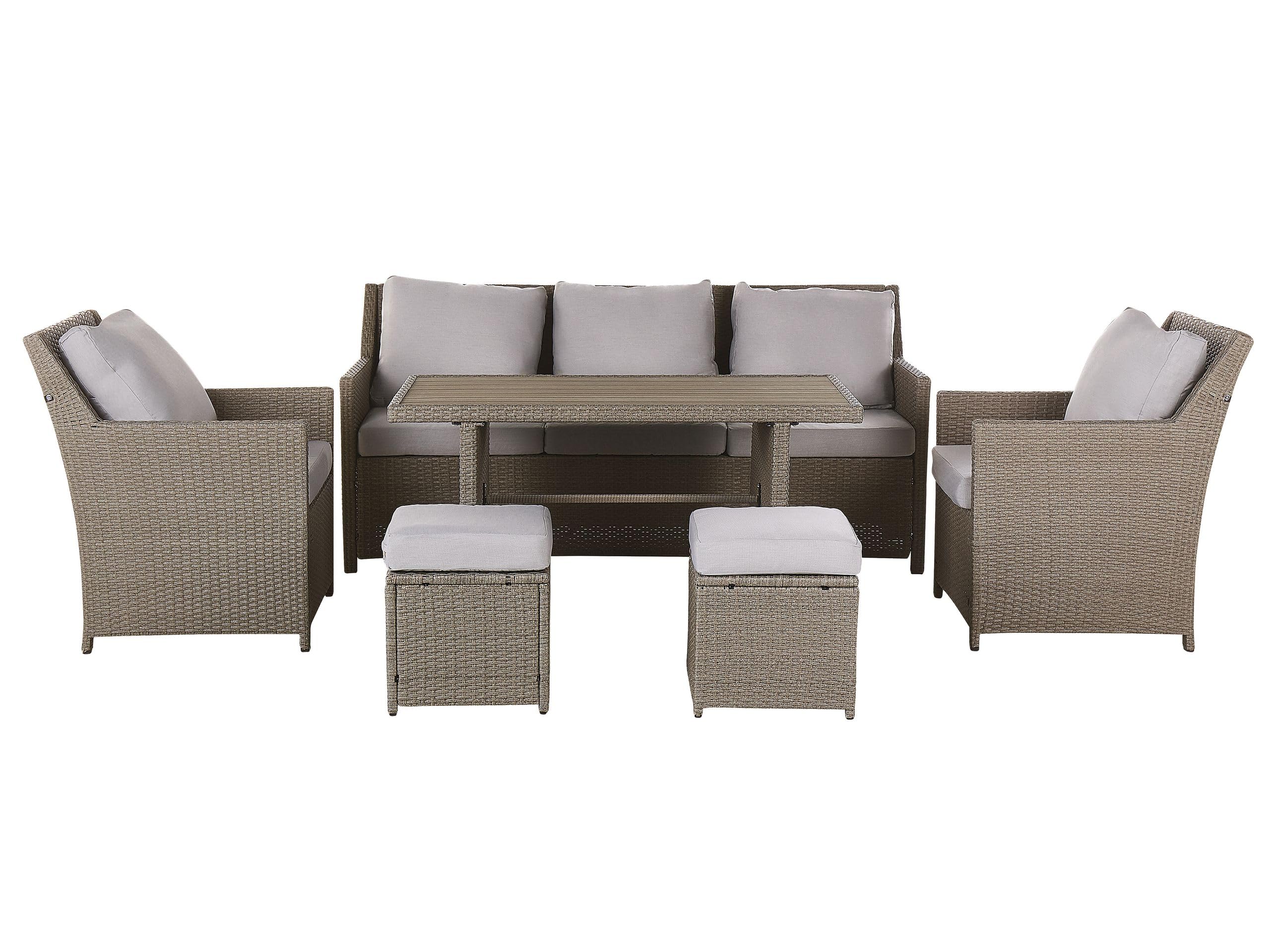 beliani-fonti-lounge-set-5-sitzer-taupe-polyrattan-graue-kissen image 1