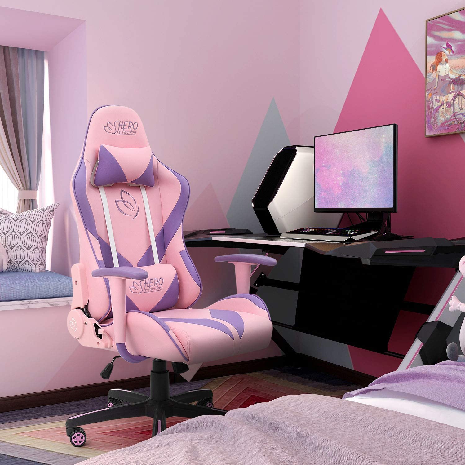 homall-gaming-stuhl-rosa-leder-drehstuhl-mit-kissen-136-kg image 2