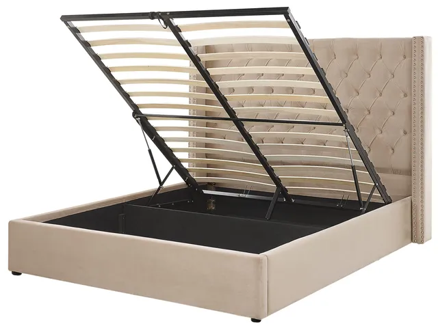 beliani-lubbon-bett-160x200-beige-samt-mit-bettkasten image 1