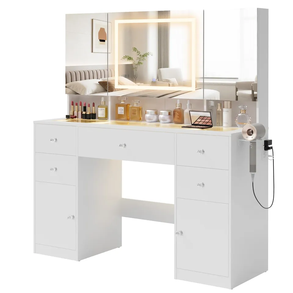 homall-bedroom-schminktisch-mit-led-spiegel-schwarz-glasplatte image 1