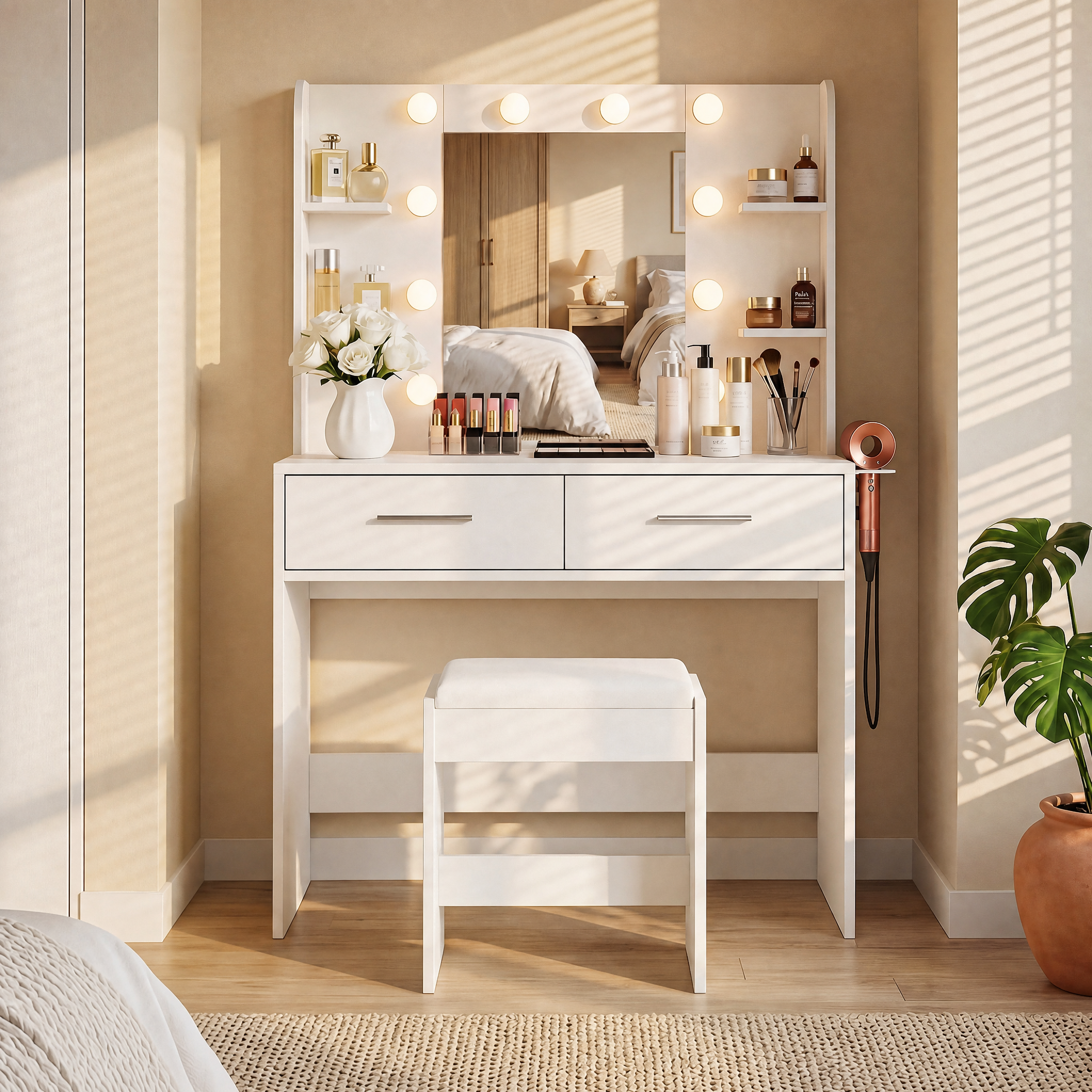 homall-bedroom-schminktisch-wei-mit-hocker-led image 4