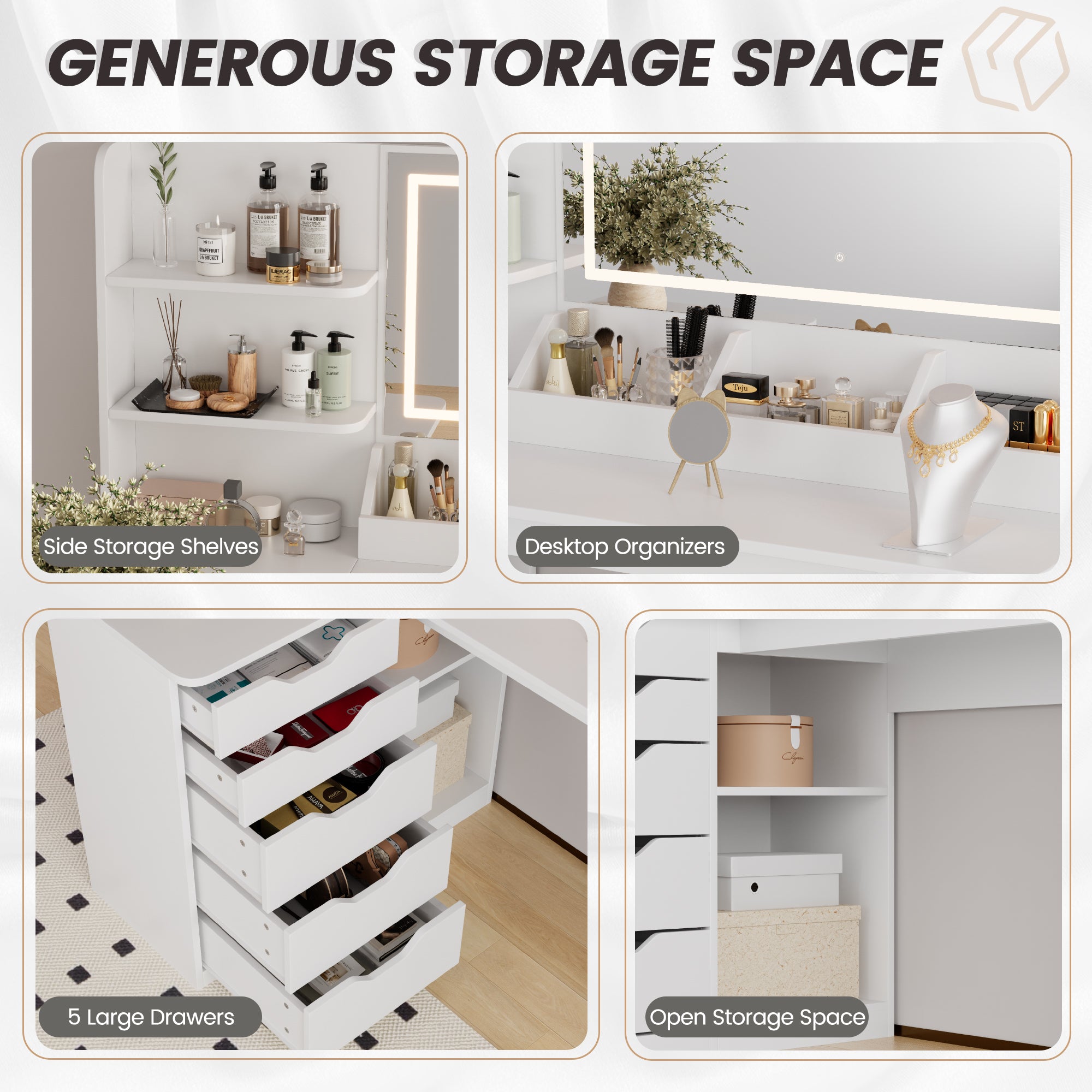 homall-bedroom-schminktisch-wei-mit-led-spiegel-und-hocker image 2