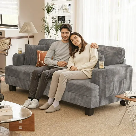 homall-sofa-cord-couch-gr-n-3-sitzer-mit-becherhalter image 1