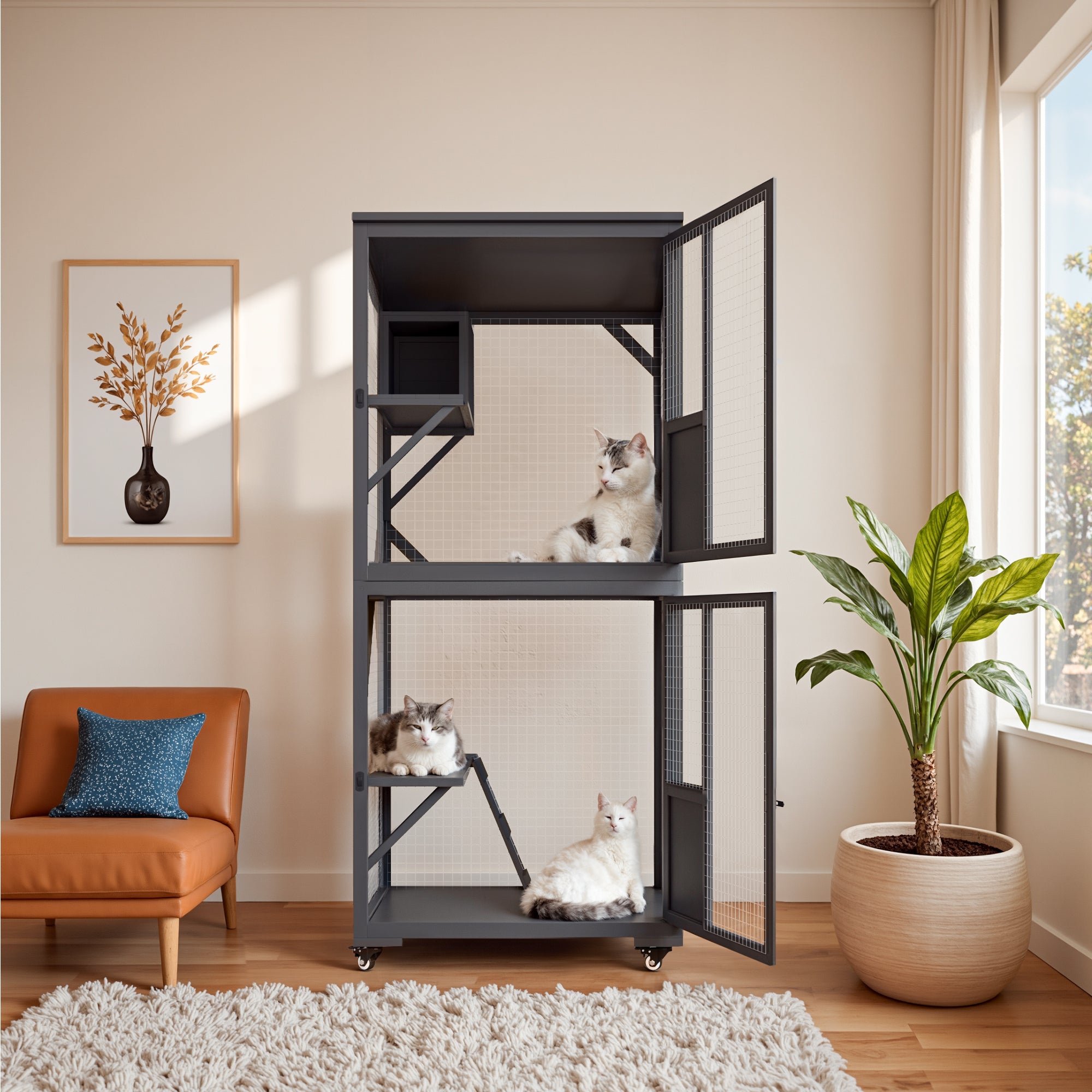 homall-patio-furniture-catio-katzengehege-holz-grau-3-ebenen image 2