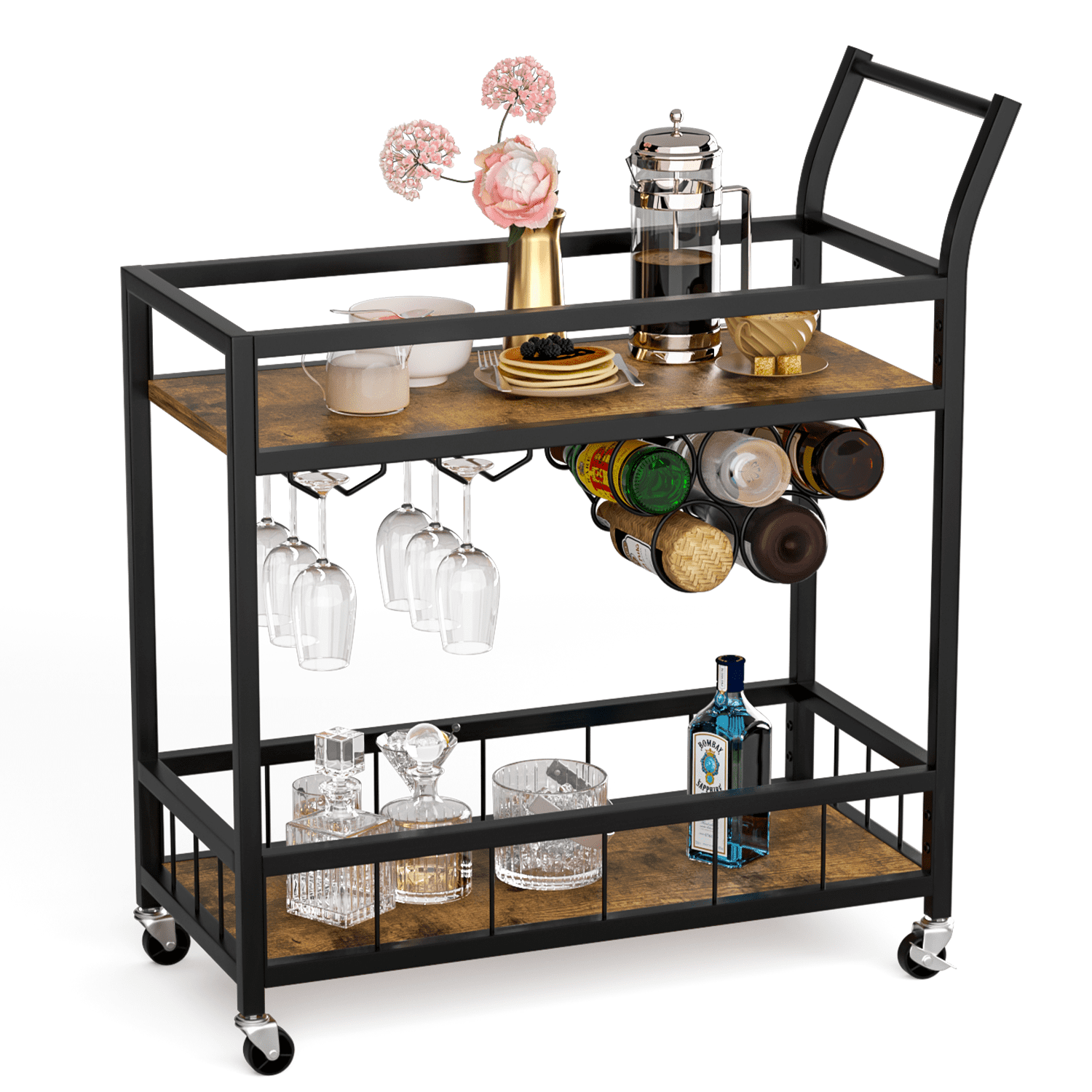 homall-shelf-servierwagen-schwarz-mit-weinregal-holz image 1