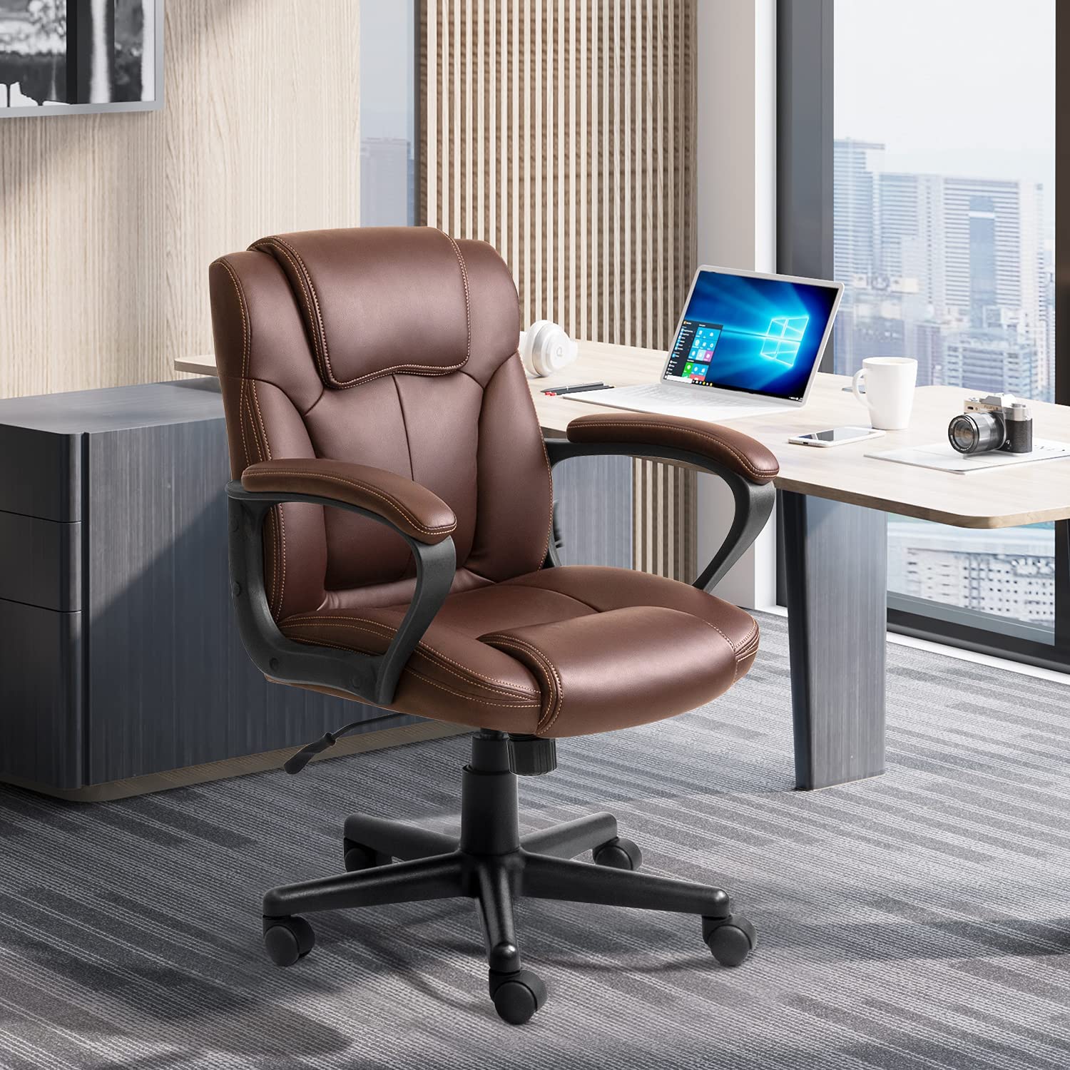 homall-office-chefsessel-b-rostuhl-braun-kunstleder-mittelhoch image 1