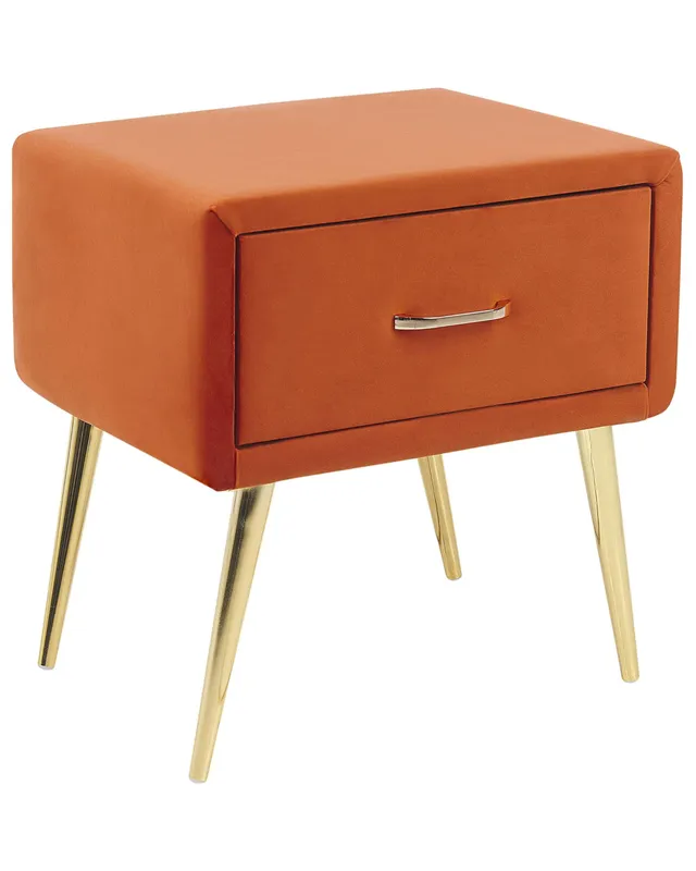 beliani-flayat-nachttisch-samt-orange-mit-schublade-goldgestell image 1
