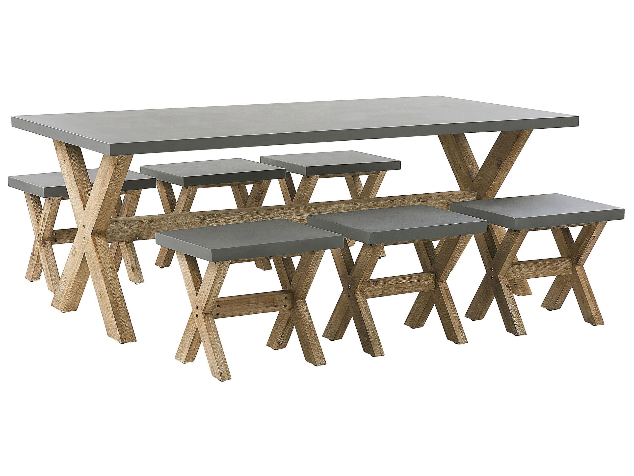 beliani-olbia-gartenset-tisch-200x100-6-hocker-beton-akazie image 1