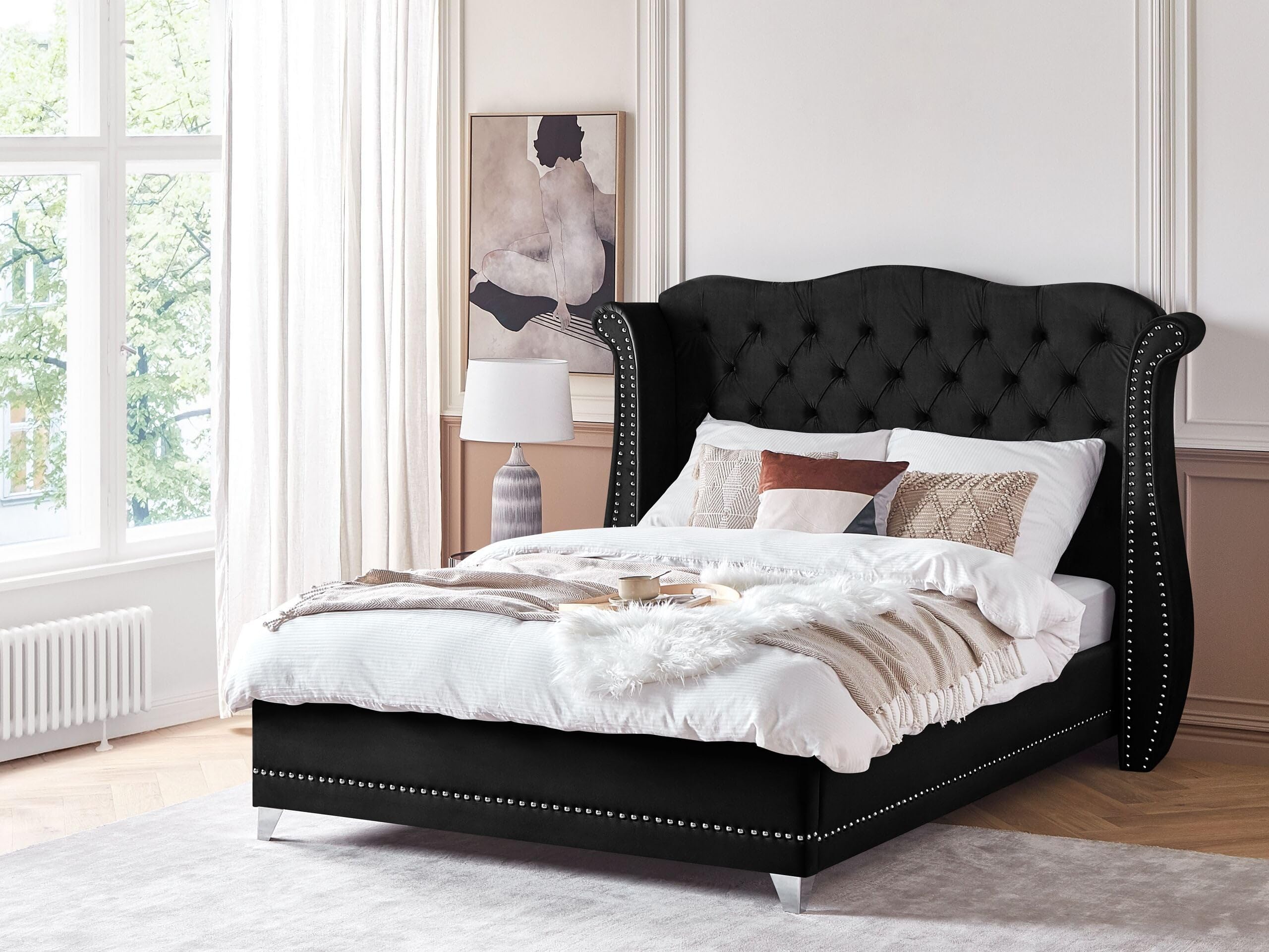 beliani-ayette-bett-samt-160x200-schwarz-chesterfield-kopfteil image 2