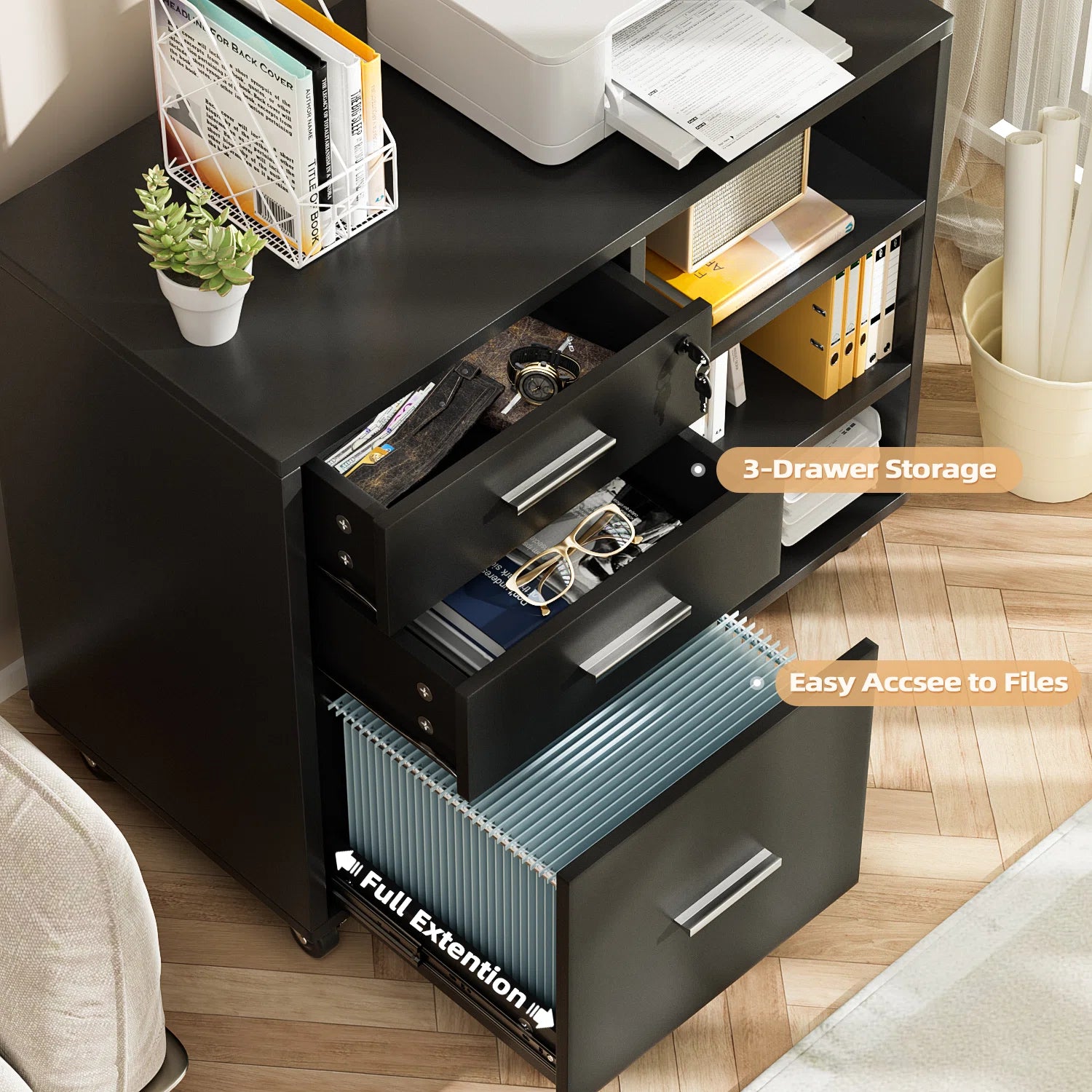 homall-shelf-aktenschrank-3-schubladen-schwarz-abschlie-bar image 3