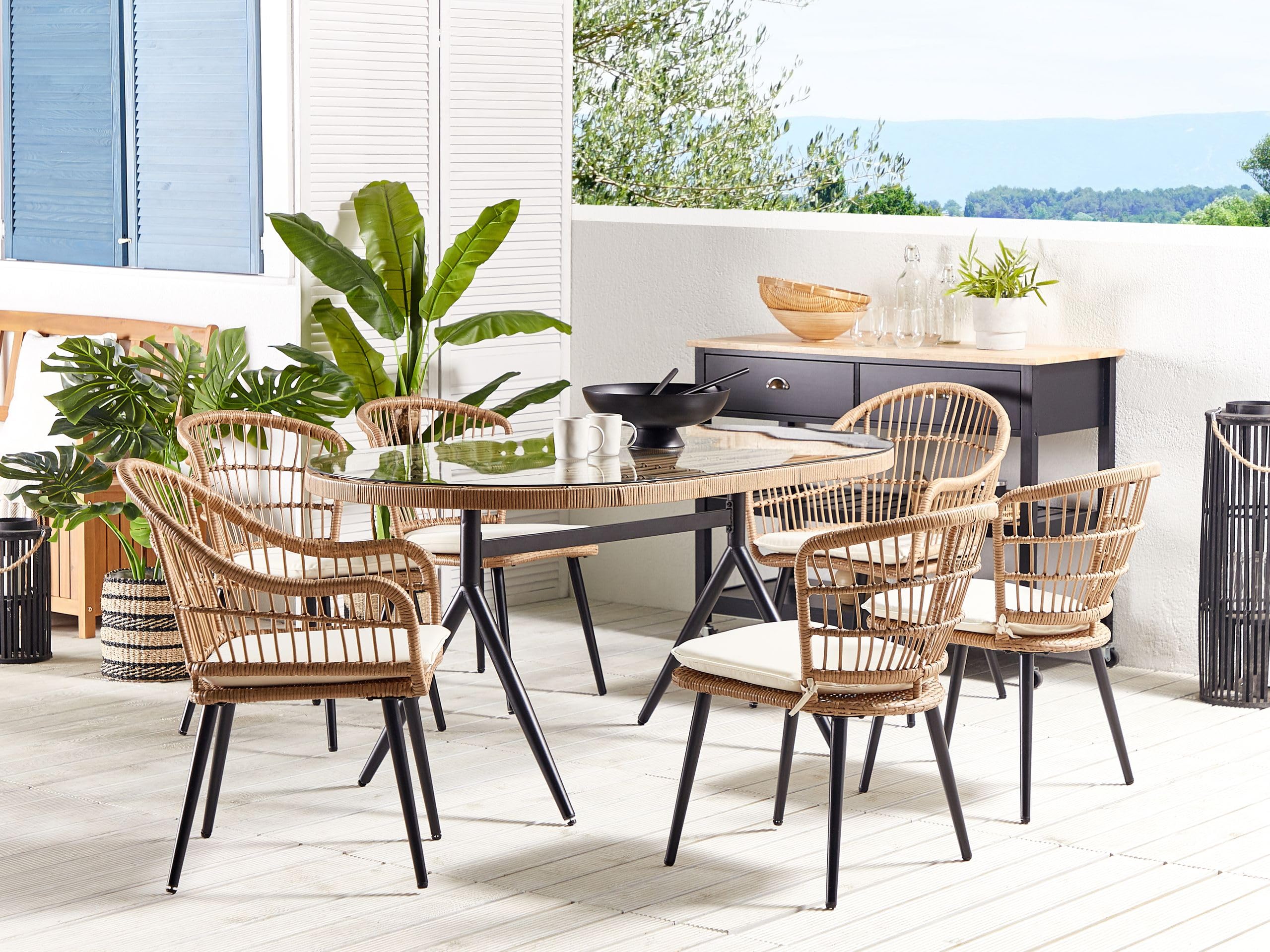 beliani-aliano-ii-gartentisch-set-rattan-6-sitzer-beige-schwarz image 2