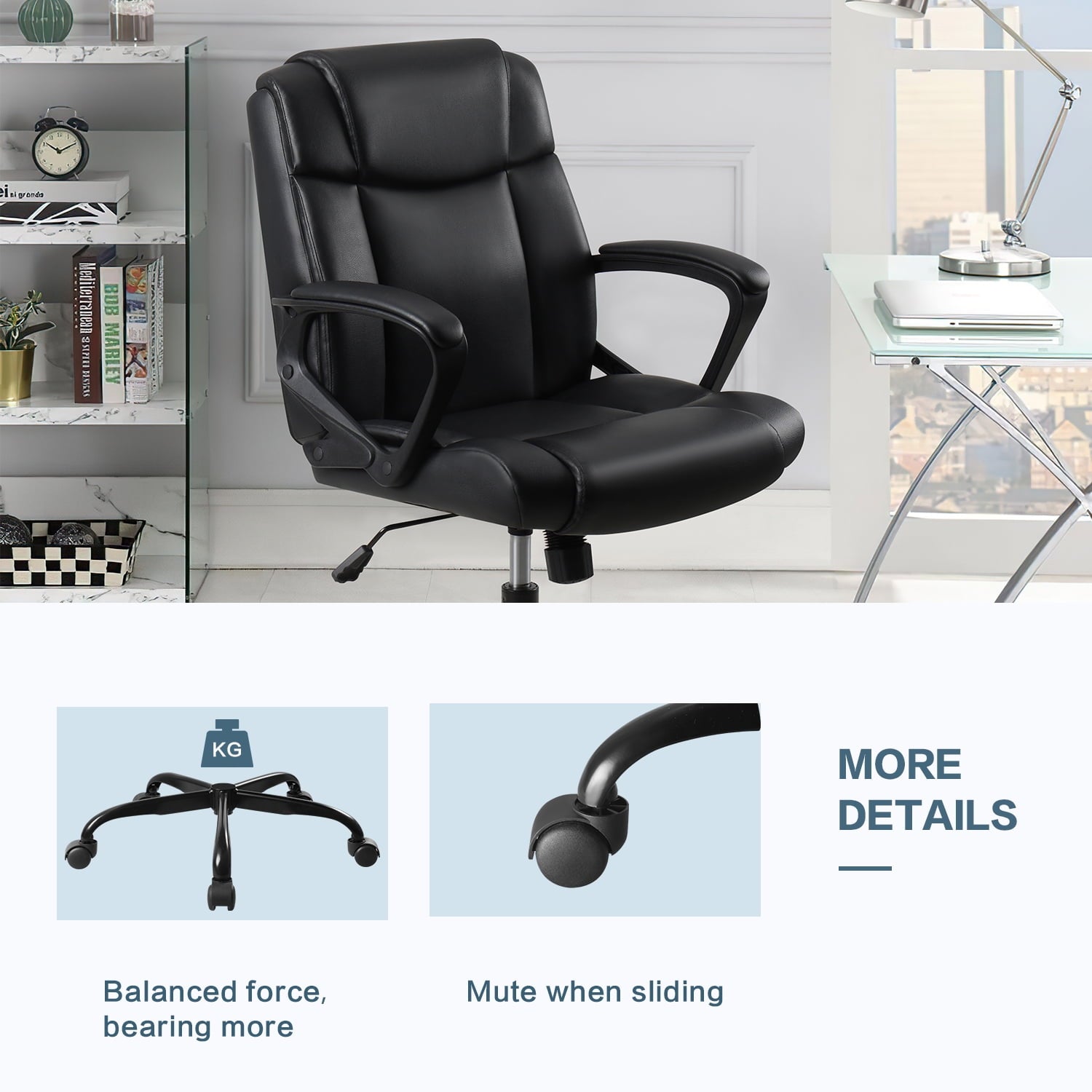 homall-office-leather-chair-b-rostuhl-schwarz-mid-back image 1