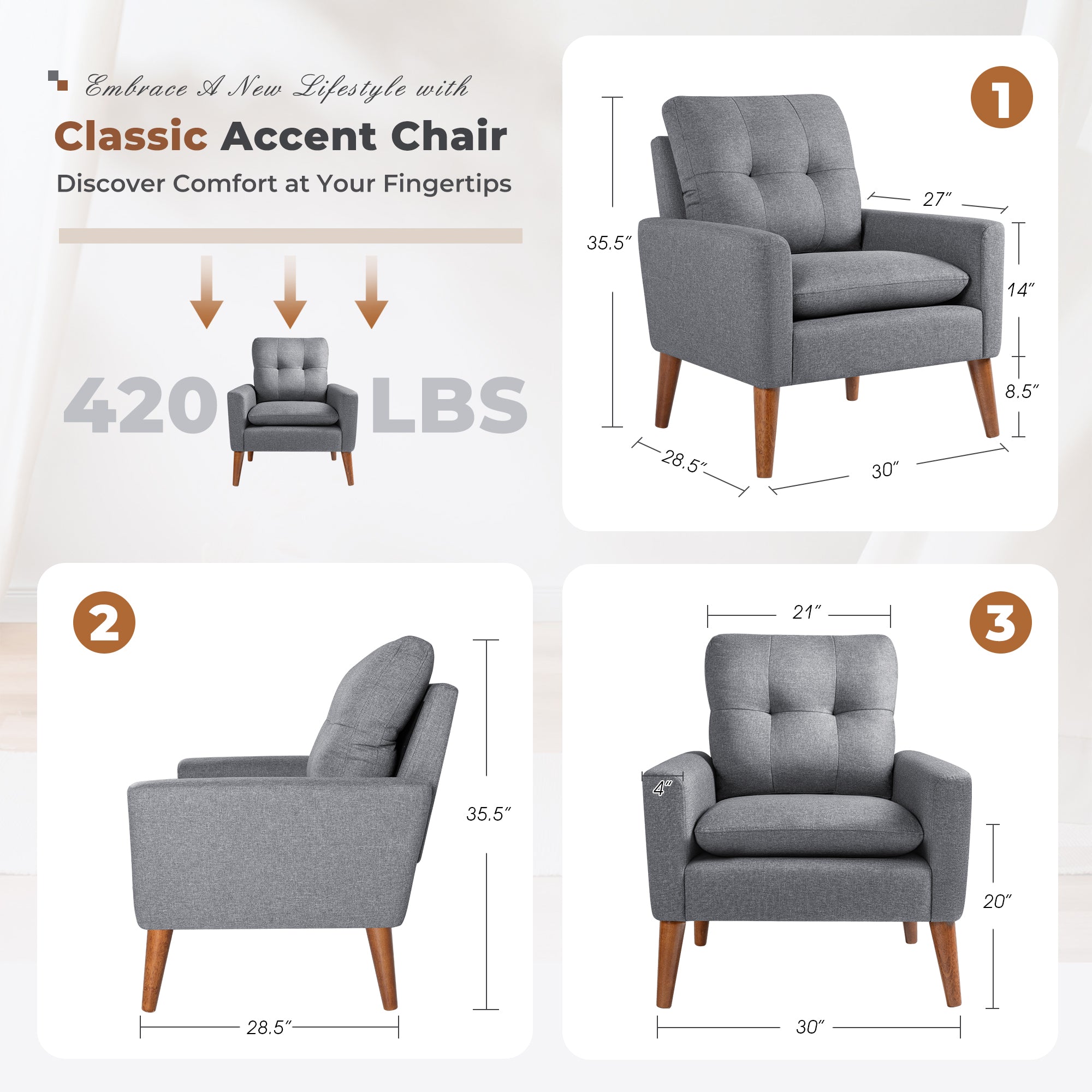homall-accent-chair-polstersessel-stoff-grau-mit-holzbeinen image 5