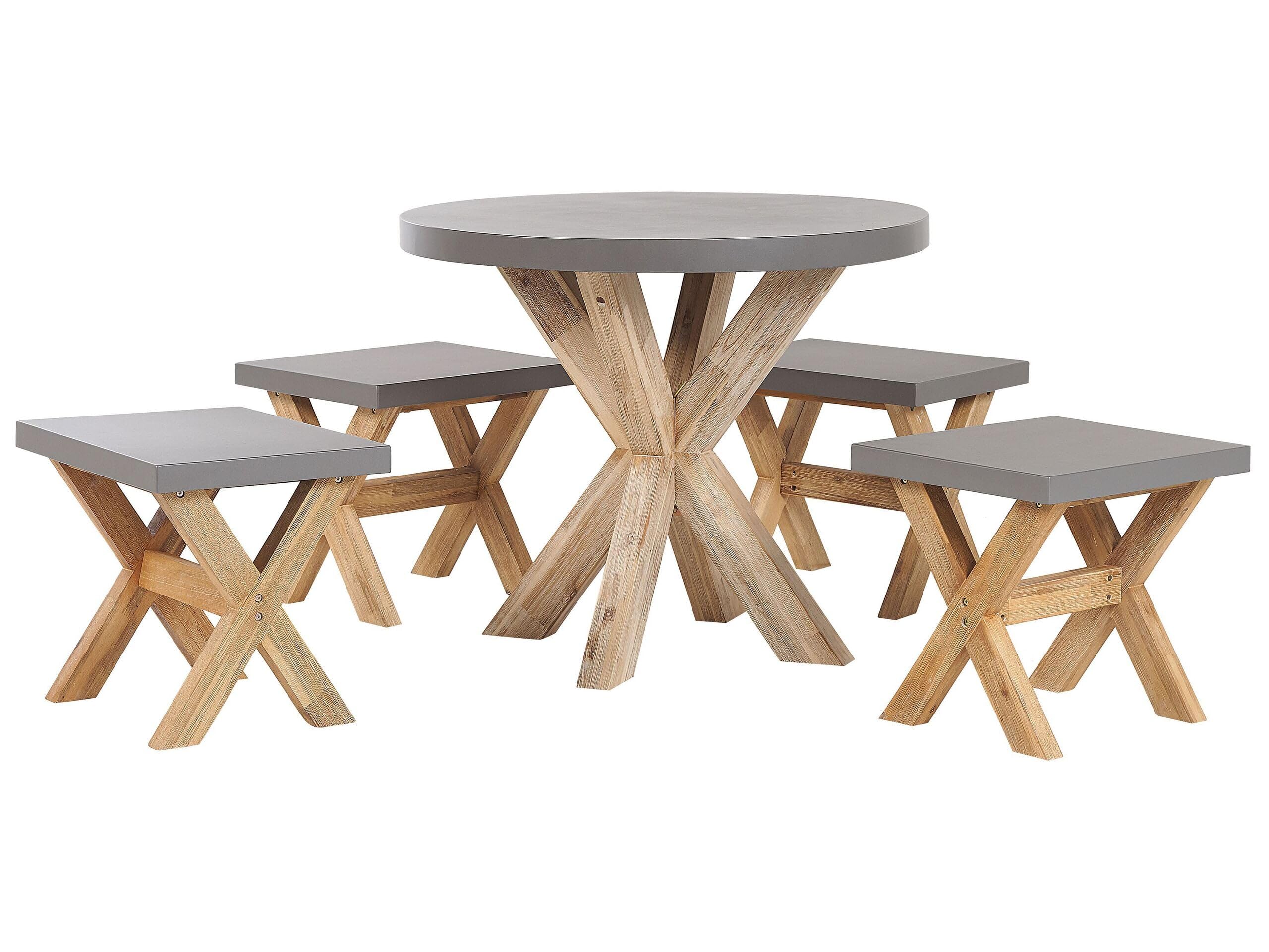 beliani-olbia-gartenset-rund-90-cm-4-hocker-grau image 1