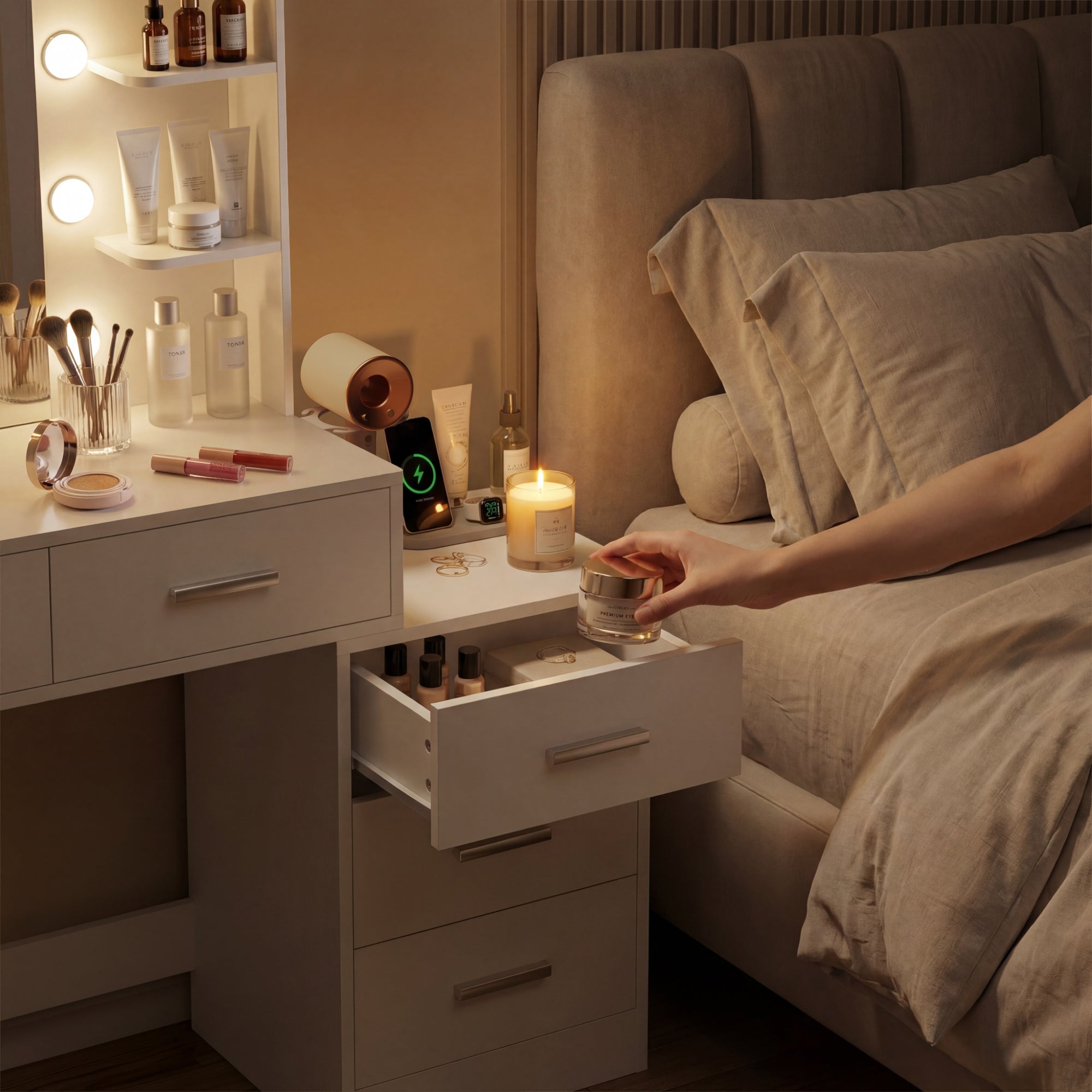 homall-bedroom-schminktisch-wei-mit-led-spiegel-5-schubladen image 5