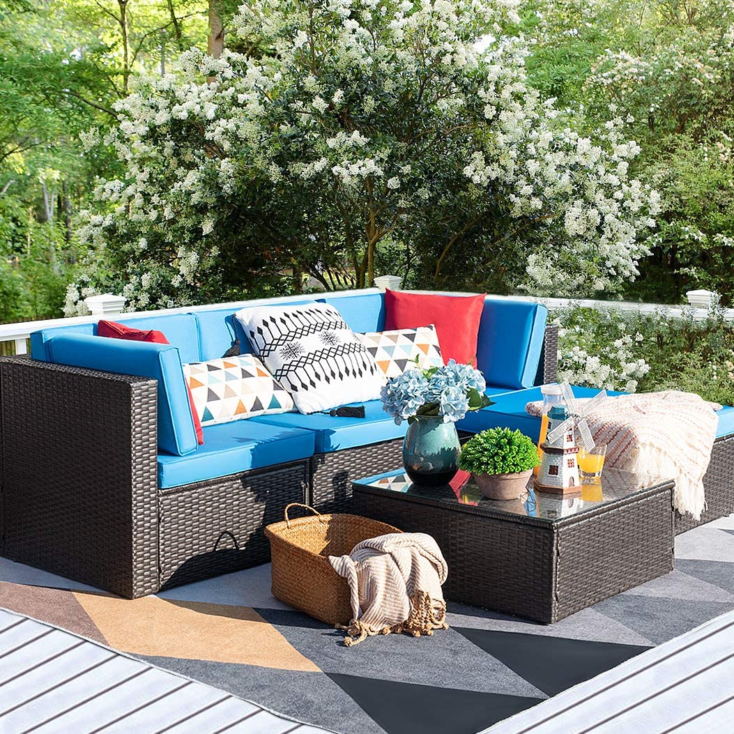 homall-patio-furniture-lounge-set-5-tlg-gartenm-bel-blau-rattan image 1