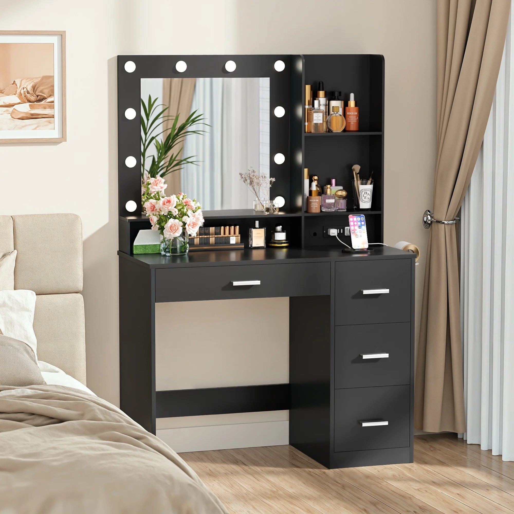 homall-bedroom-schminktisch-wei-led-spiegel-4-schubladen image 2