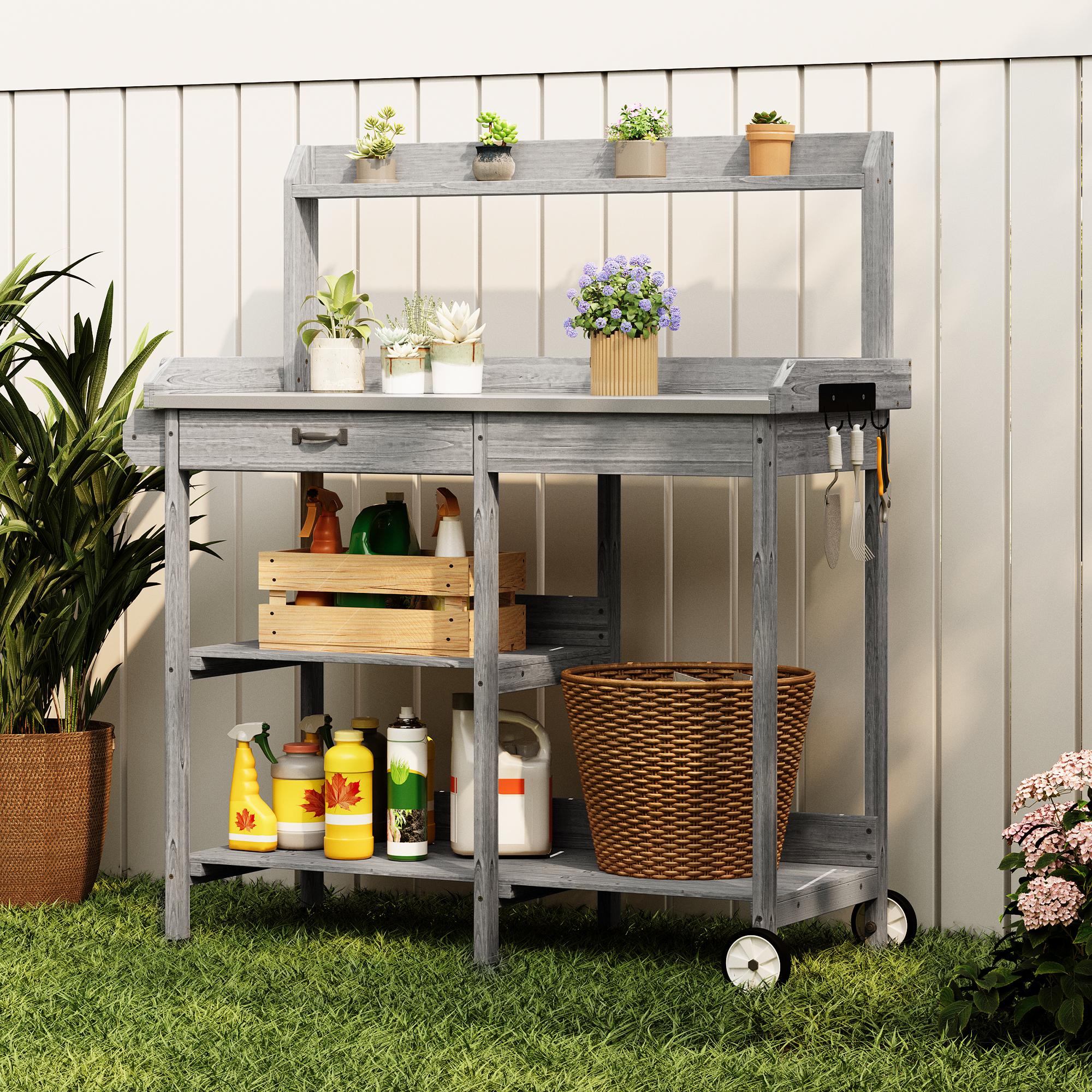 bealife-cc53-pflanztisch-holz-grau-mit-rollen-und-schublade image 2