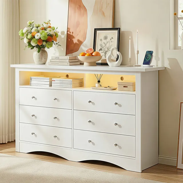homall-bedroom-6-schubladen-kommode-wei-mit-led-und-ladestation image 1