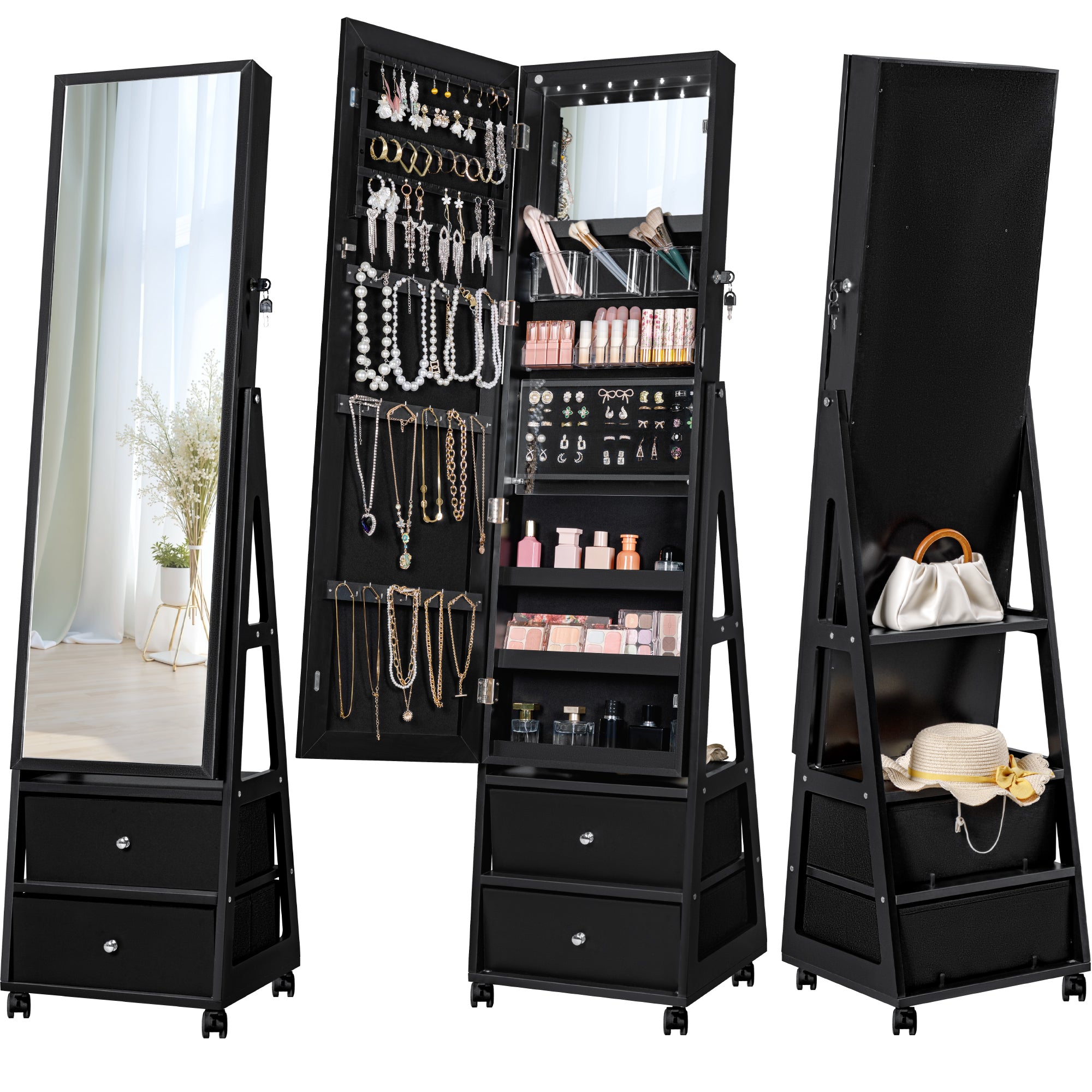 homall-schmuckschrank-mit-led-spiegel-spiegelschrank-wei-mit-rollen image 8