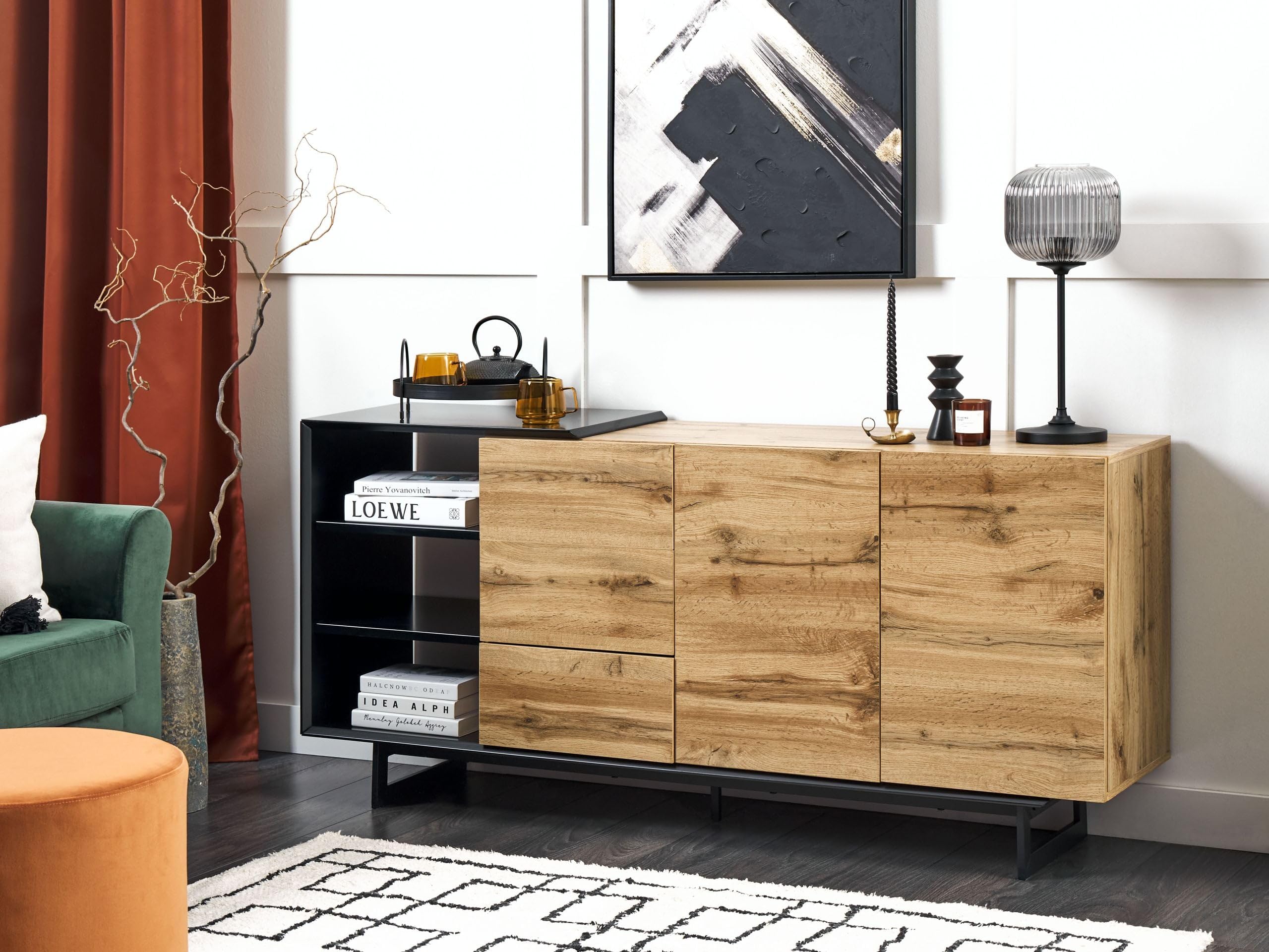 beliani-fiora-sideboard-holz-hell-schwarz-160cm-mit-schubladen image 2