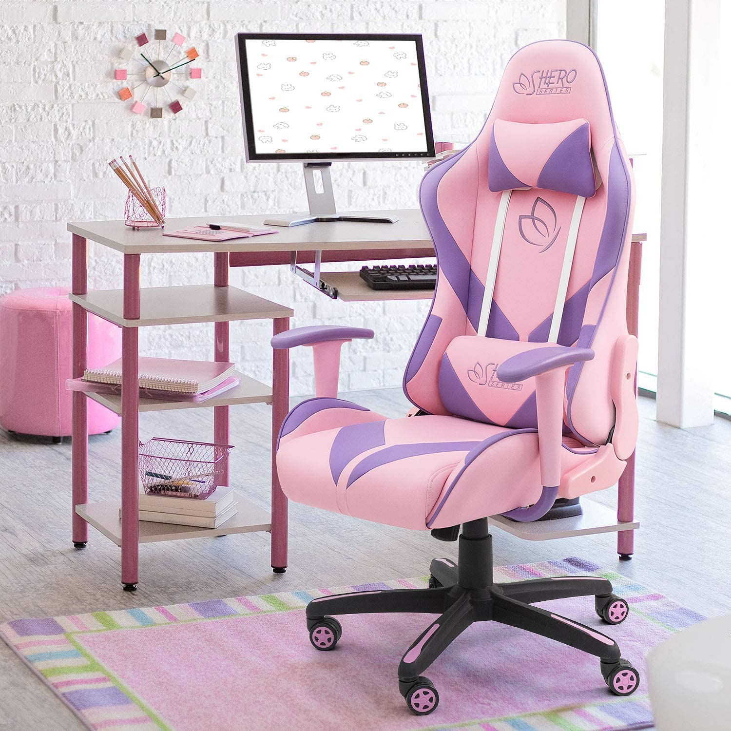 homall-gaming-stuhl-rosa-leder-drehstuhl-mit-kissen-136-kg image 1