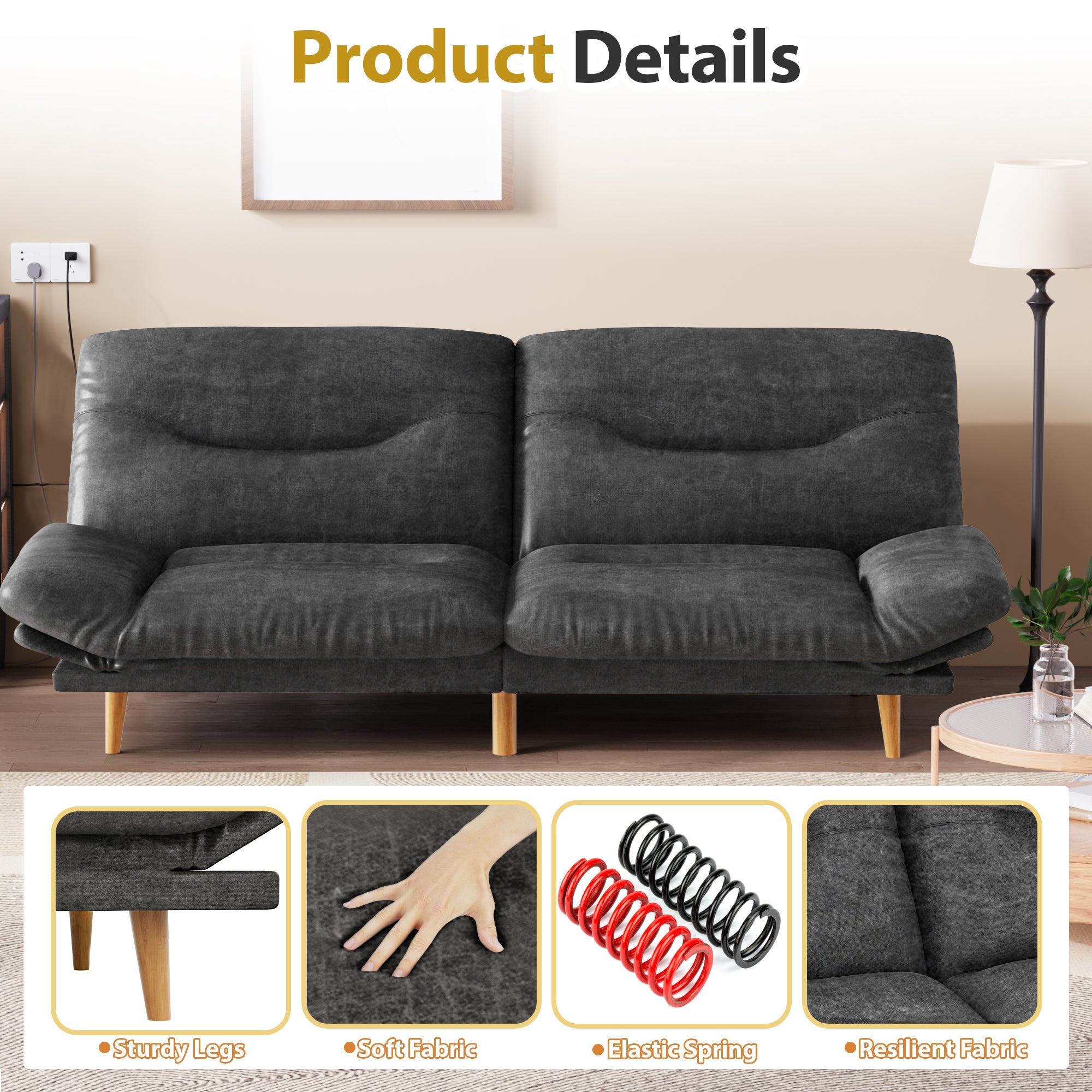 homall-sofa-futon-schlafsofa-pu-schwarz-165-cm image 5