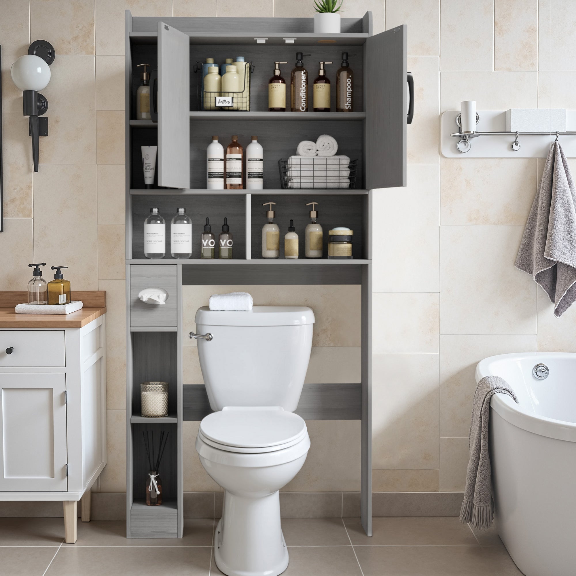 homall-shelf-badregal-ber-wc-grau-mit-schiebet-ren image 7