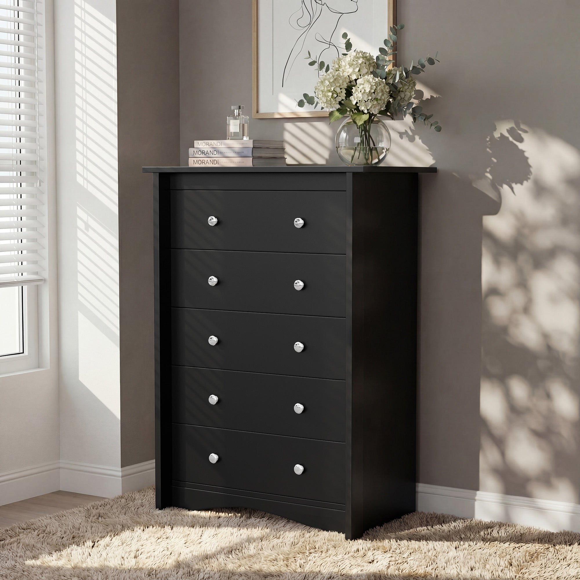 homall-bedroom-kommode-6-schubladen-schwarz-holz-132-cm image 1