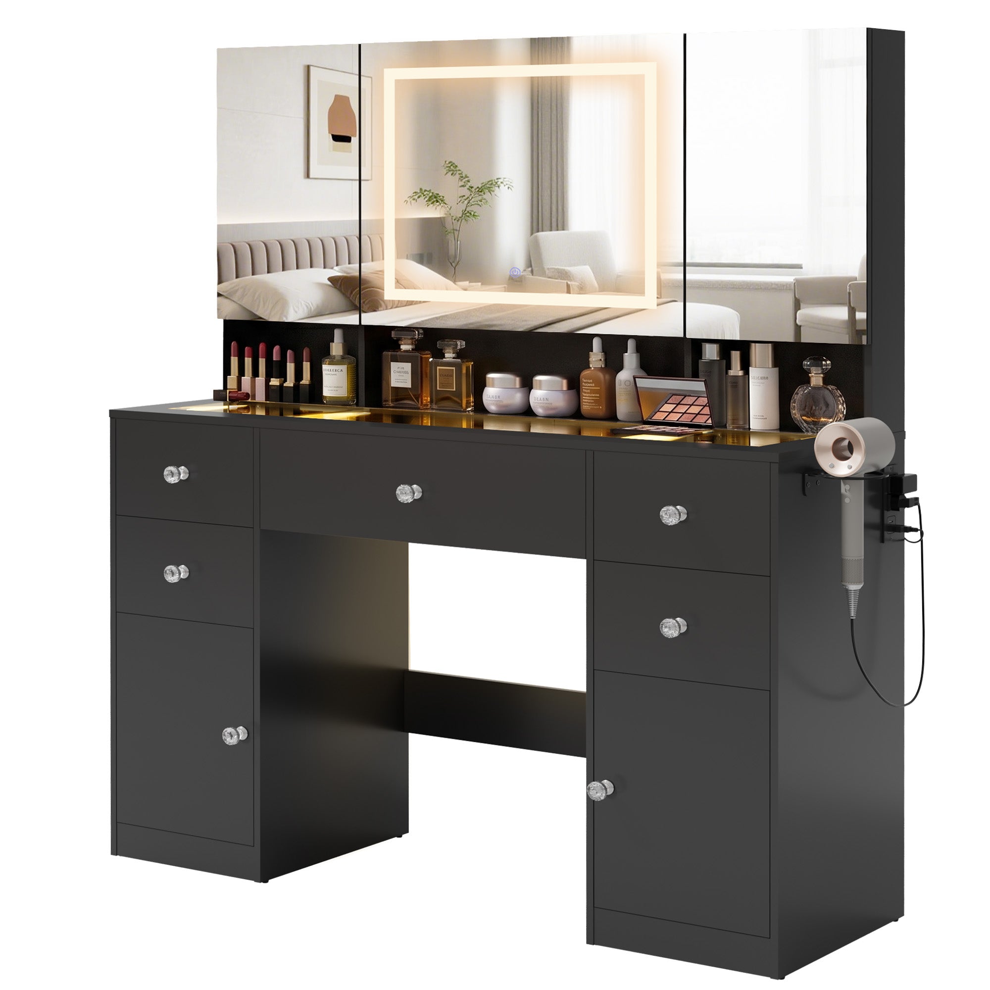 homall-bedroom-schminktisch-mit-led-spiegel-schwarz-glasplatte image 2