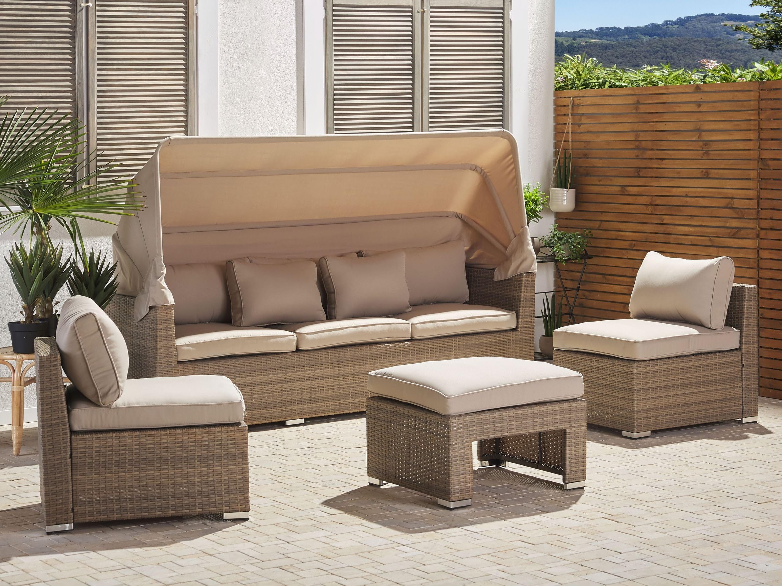 beliani-coccolia-loungeset-polyrattan-beige-5-teilig-mit-dach image 2