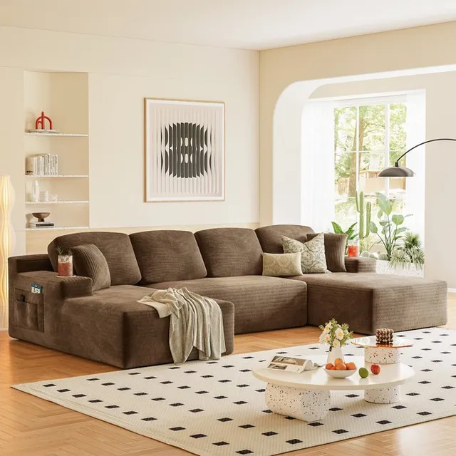 homall-sofa-u-form-cloud-couch-braun-cord-ohne-montage image 1