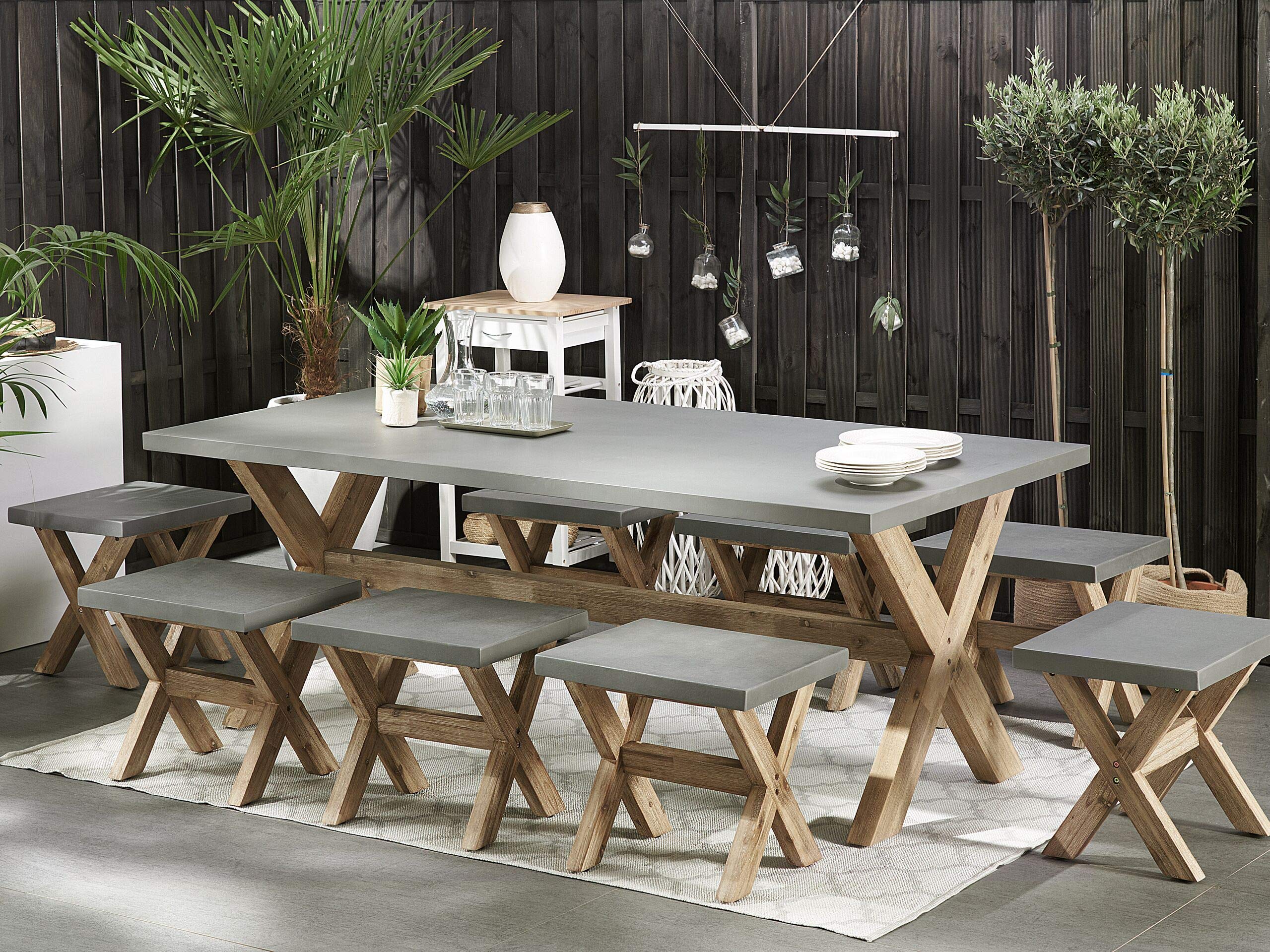 beliani-olbia-gartenset-tisch-200x100-8-hocker-beton-akazie image 2