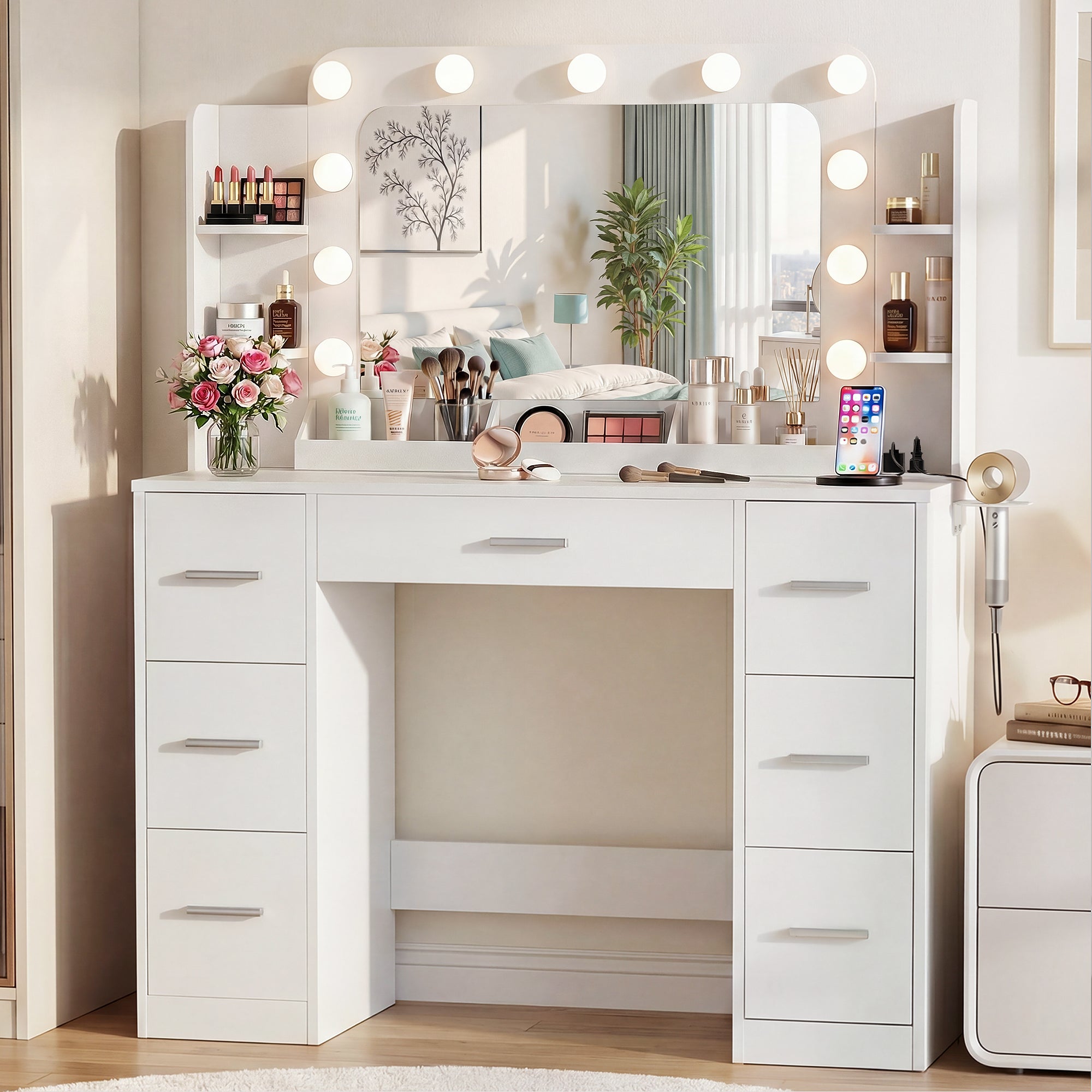 homall-bedroom-schminktisch-wei-mit-spiegel-led-steckdose image 5