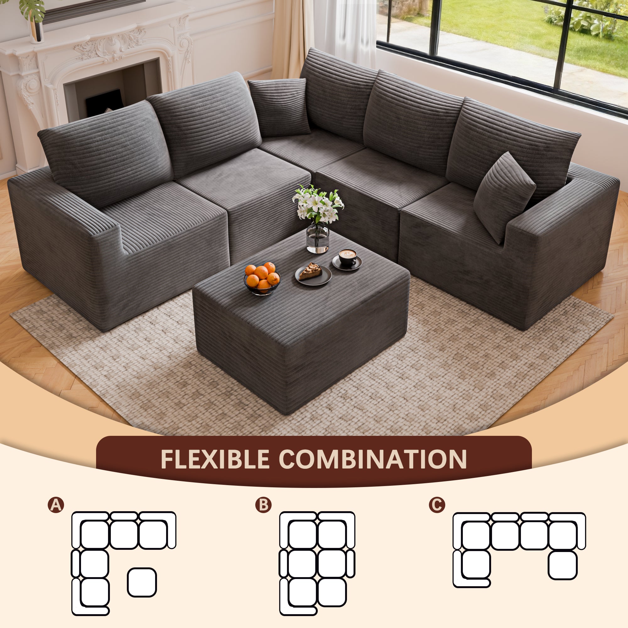 homall-sofa-ecksofa-cord-beige-modular-tiefer-sitz image 7