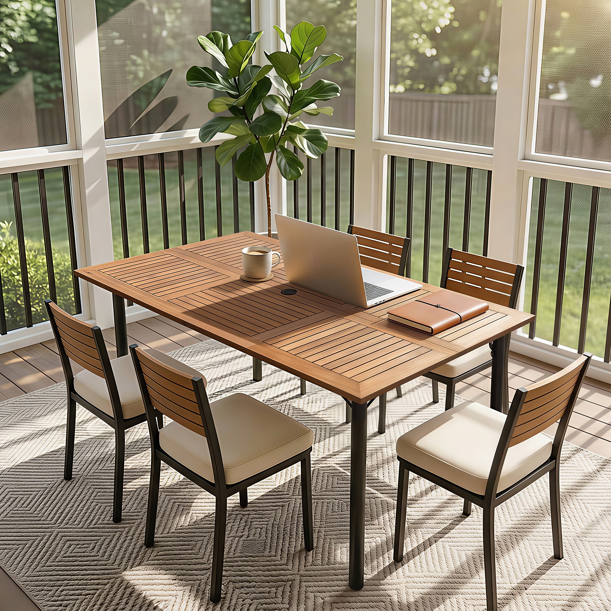 homall-gartentisch-akazie-metall-6-personen-mit-schirmloch image 6